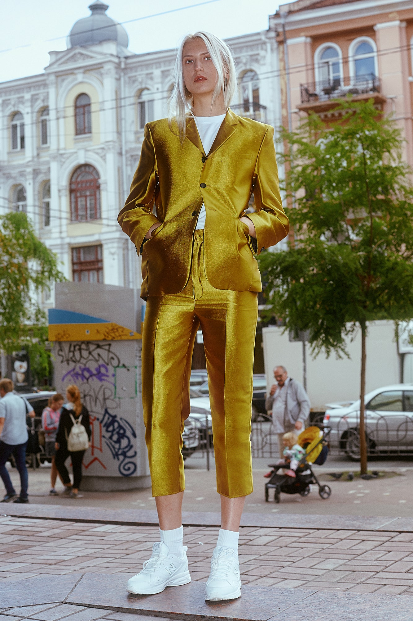 yellow satin tailored suit