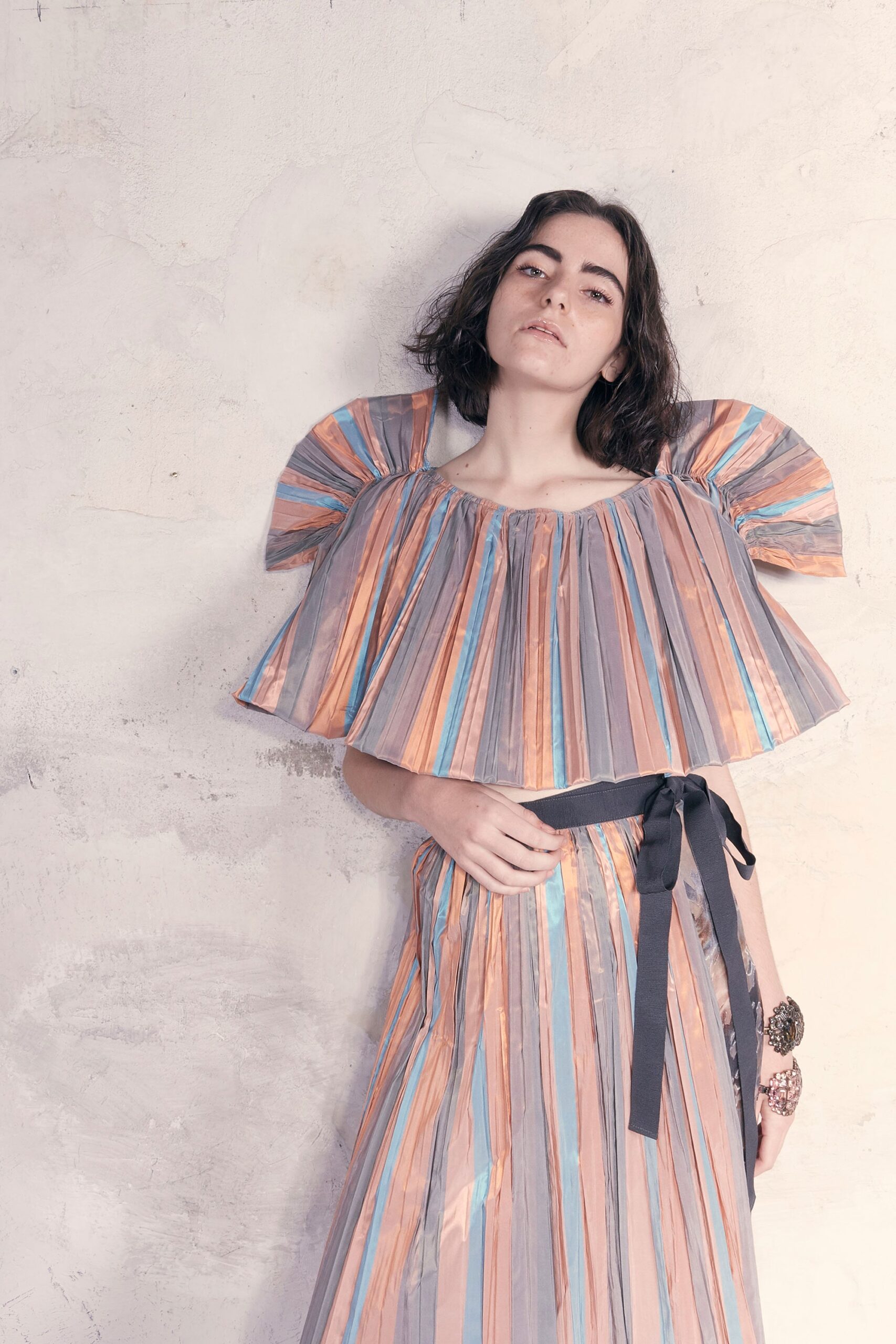 pleated off-shoulder midi dress