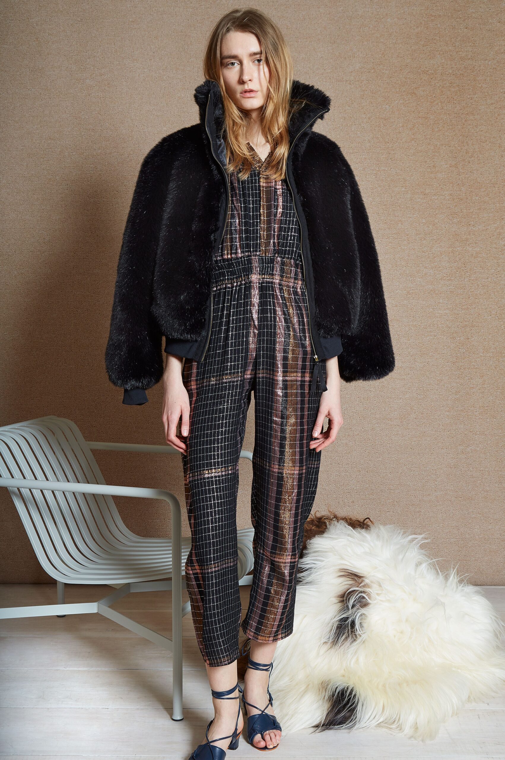 black faux-fur oversized coat and jumpsuit