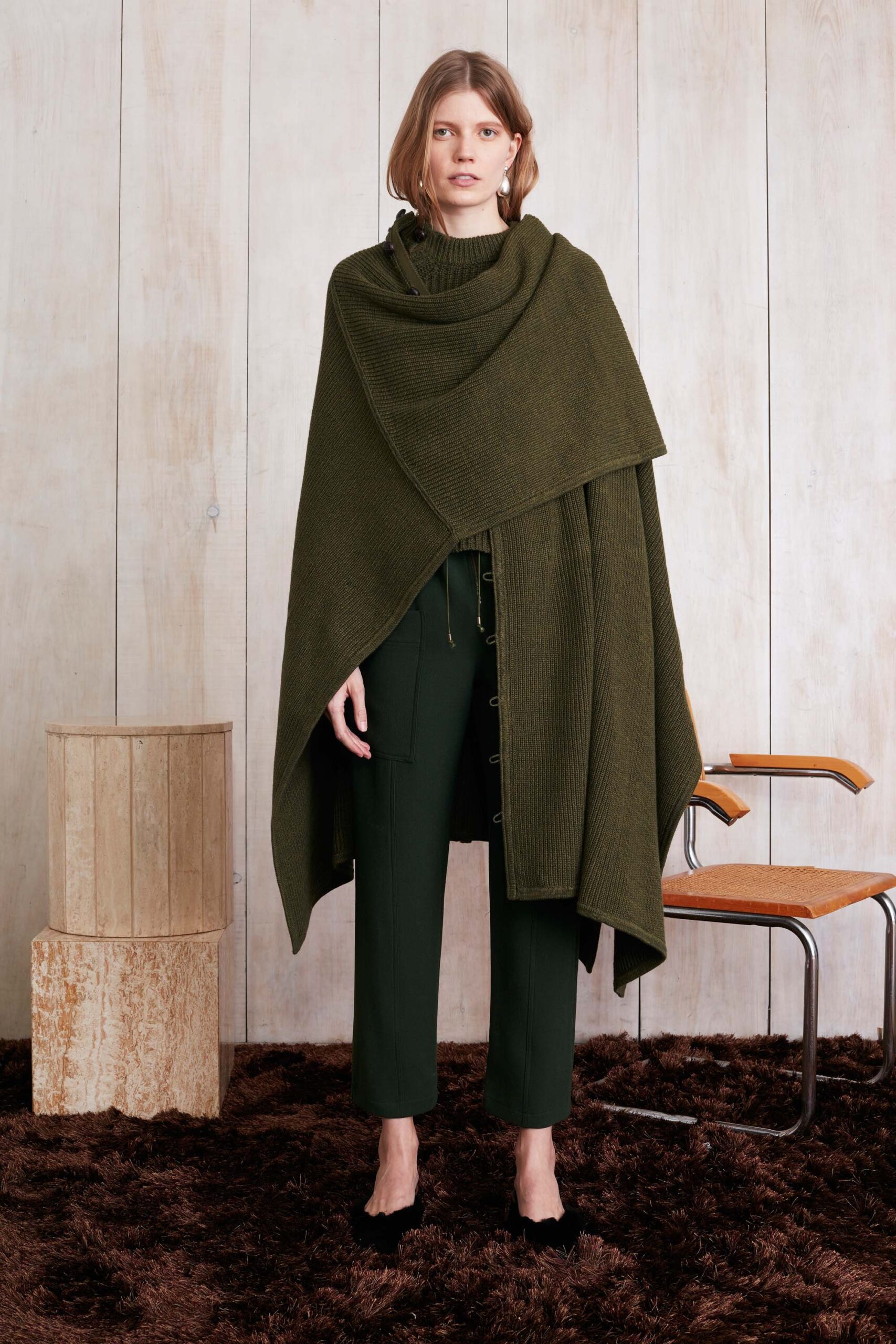 green wool sleeveless relaxed draped poncho