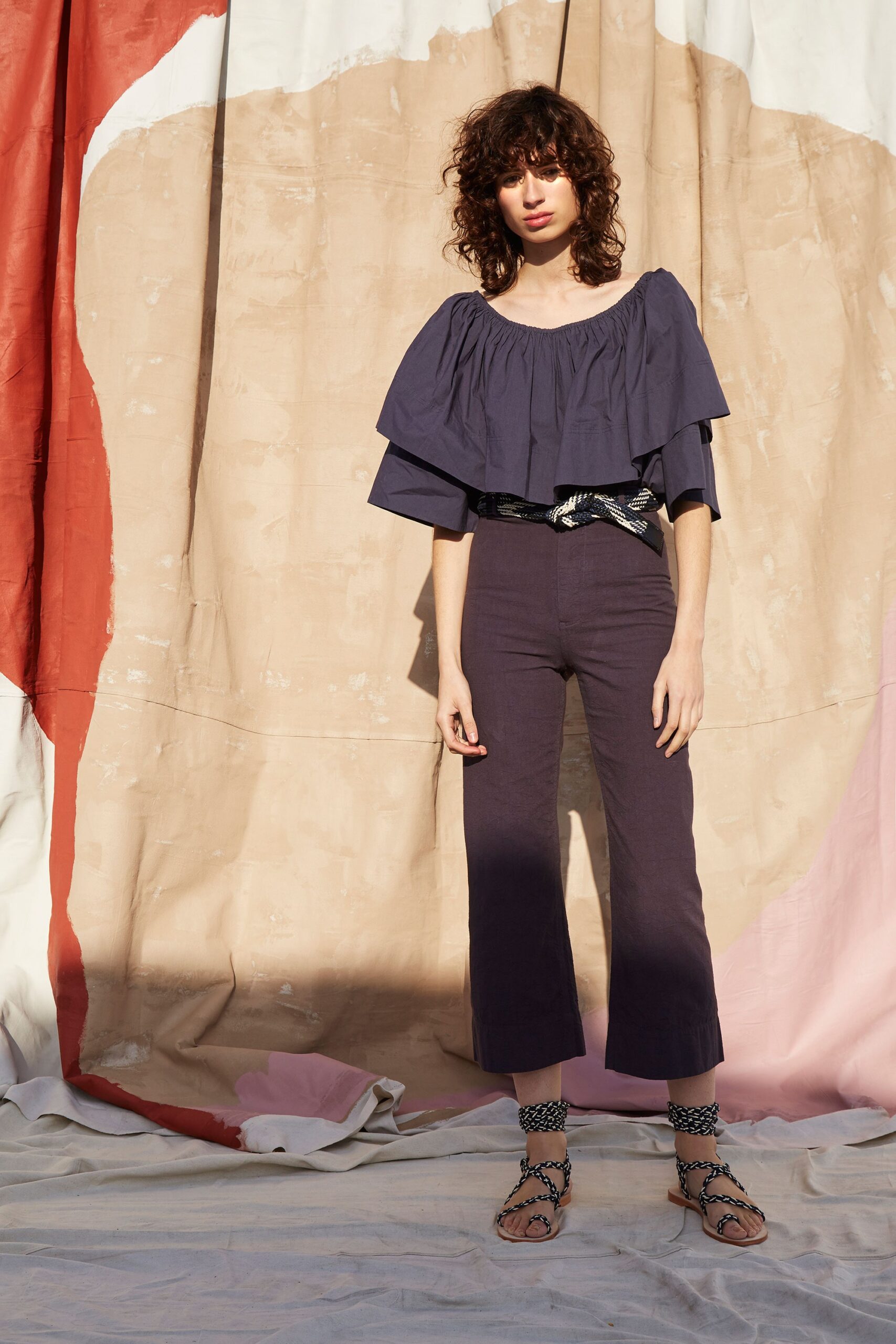 blue cotton short-sleeve off-shoulder relaxed ruffled top