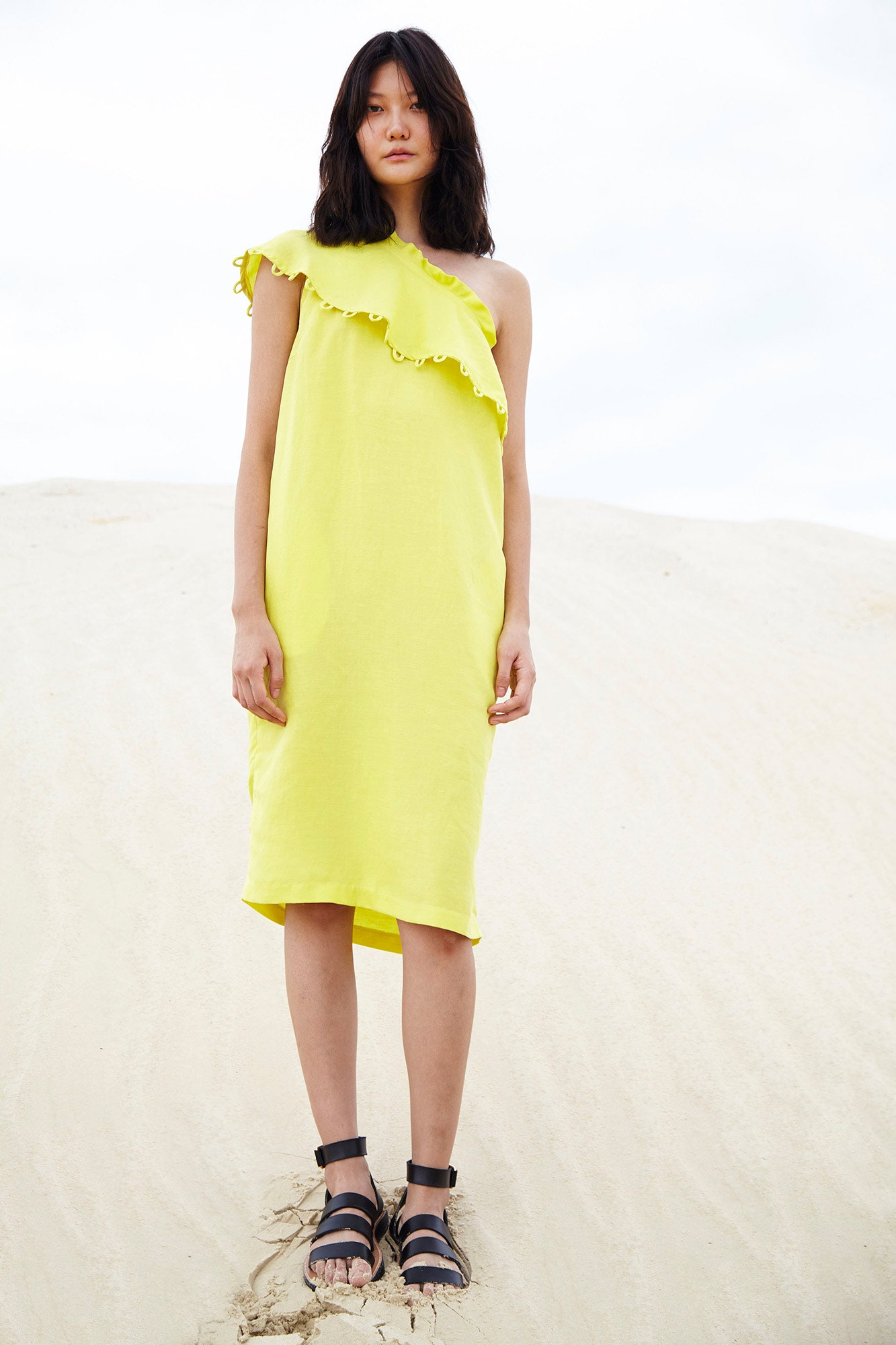 yellow cotton sleeveless asymmetric relaxed ruffled midi dress