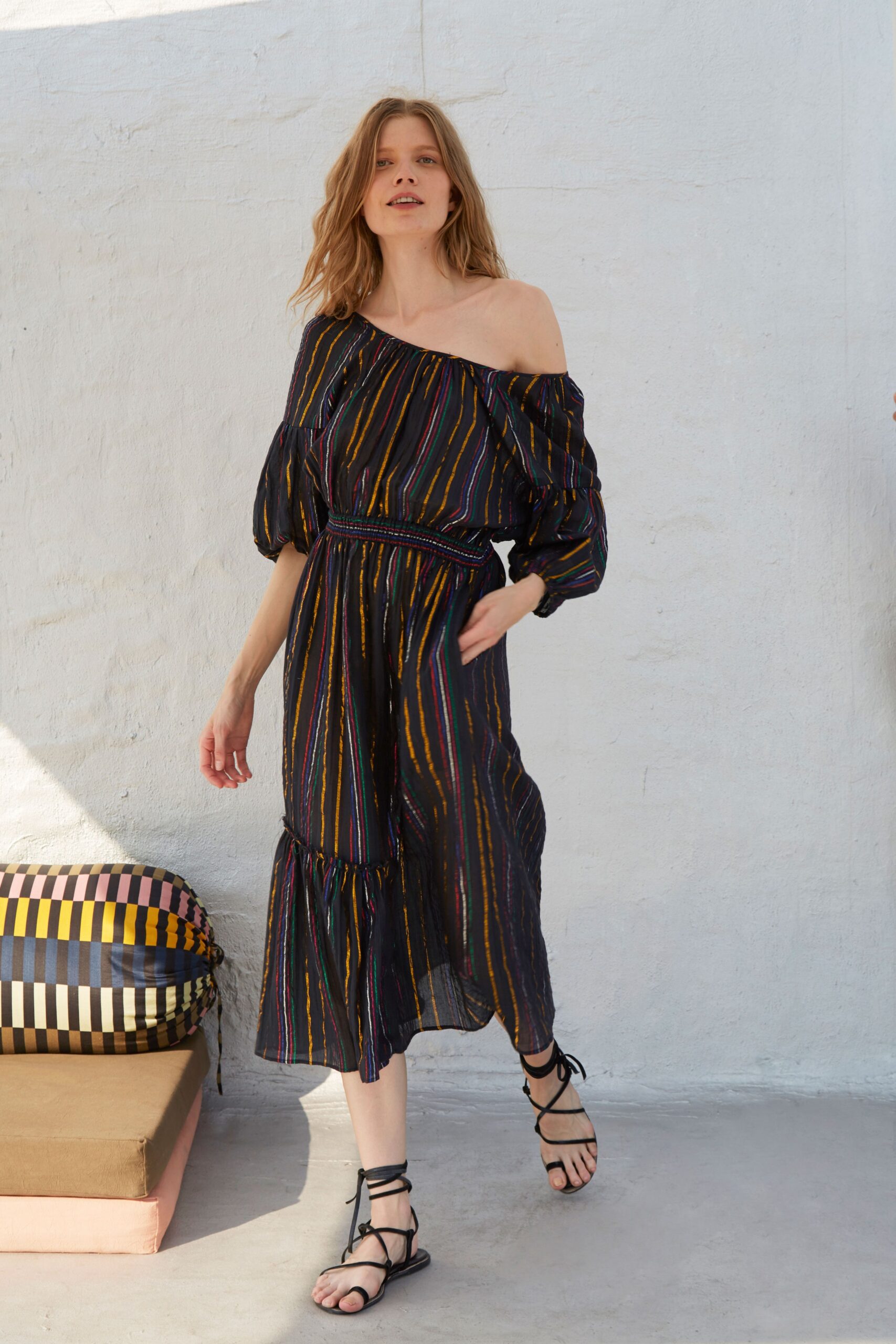 black multi-striped off-shoulder dress