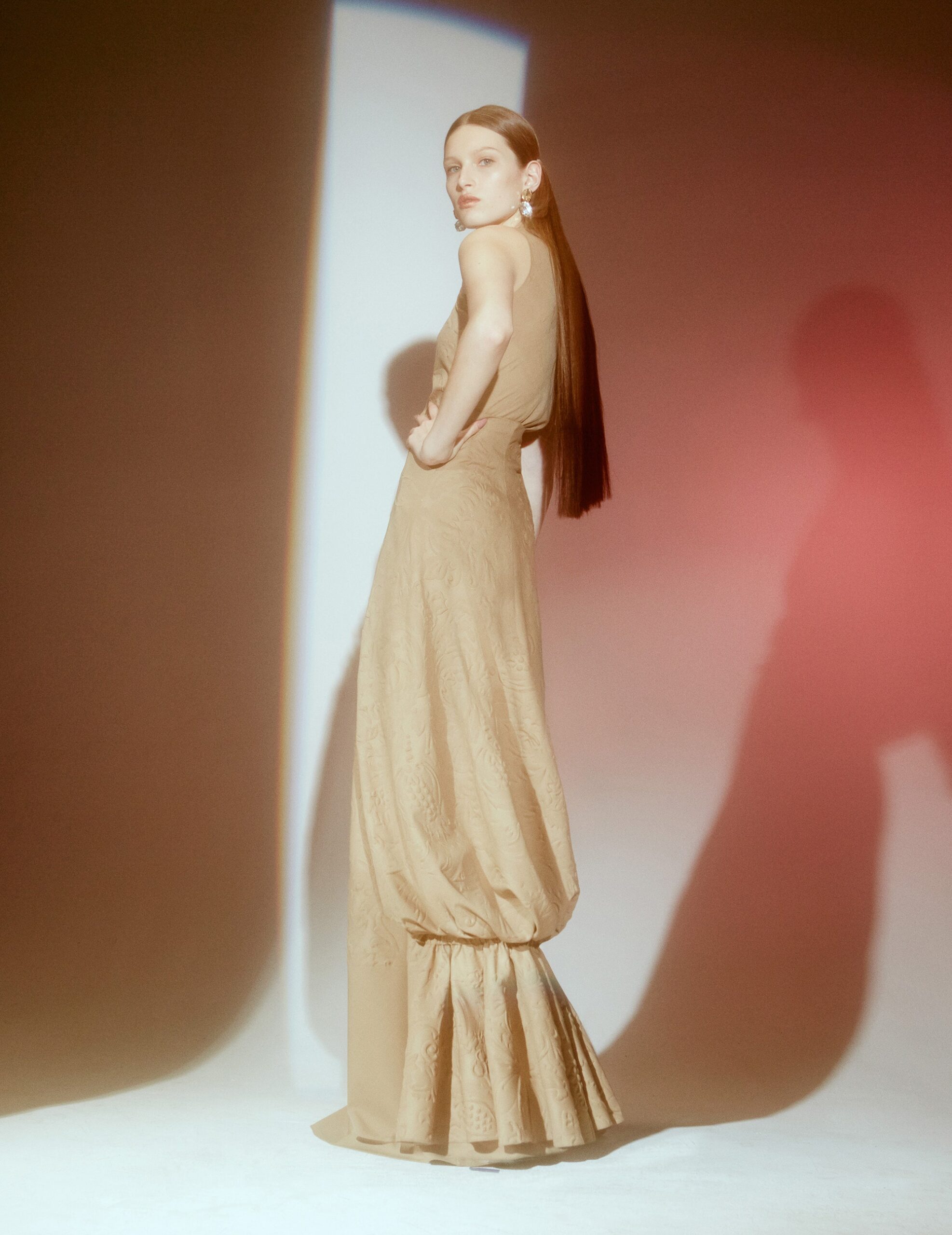 beige silk fitted gown
