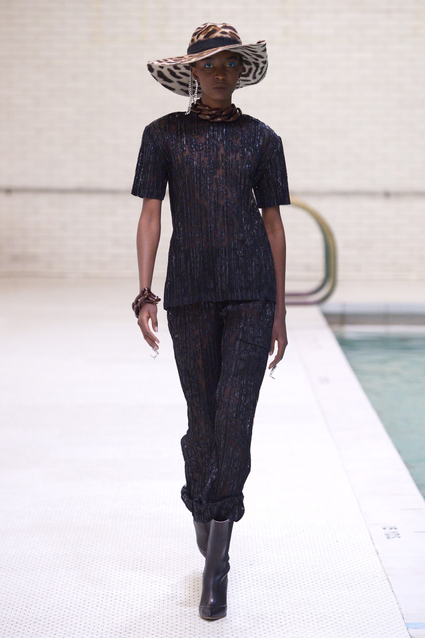 black silk short-sleeve collared fitted textured sheer top