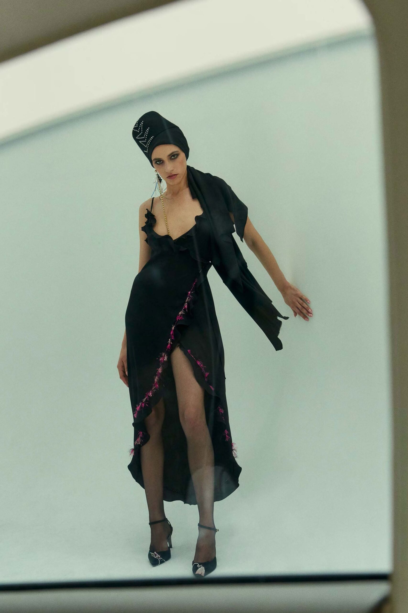 black silk fitted dress with ruffles