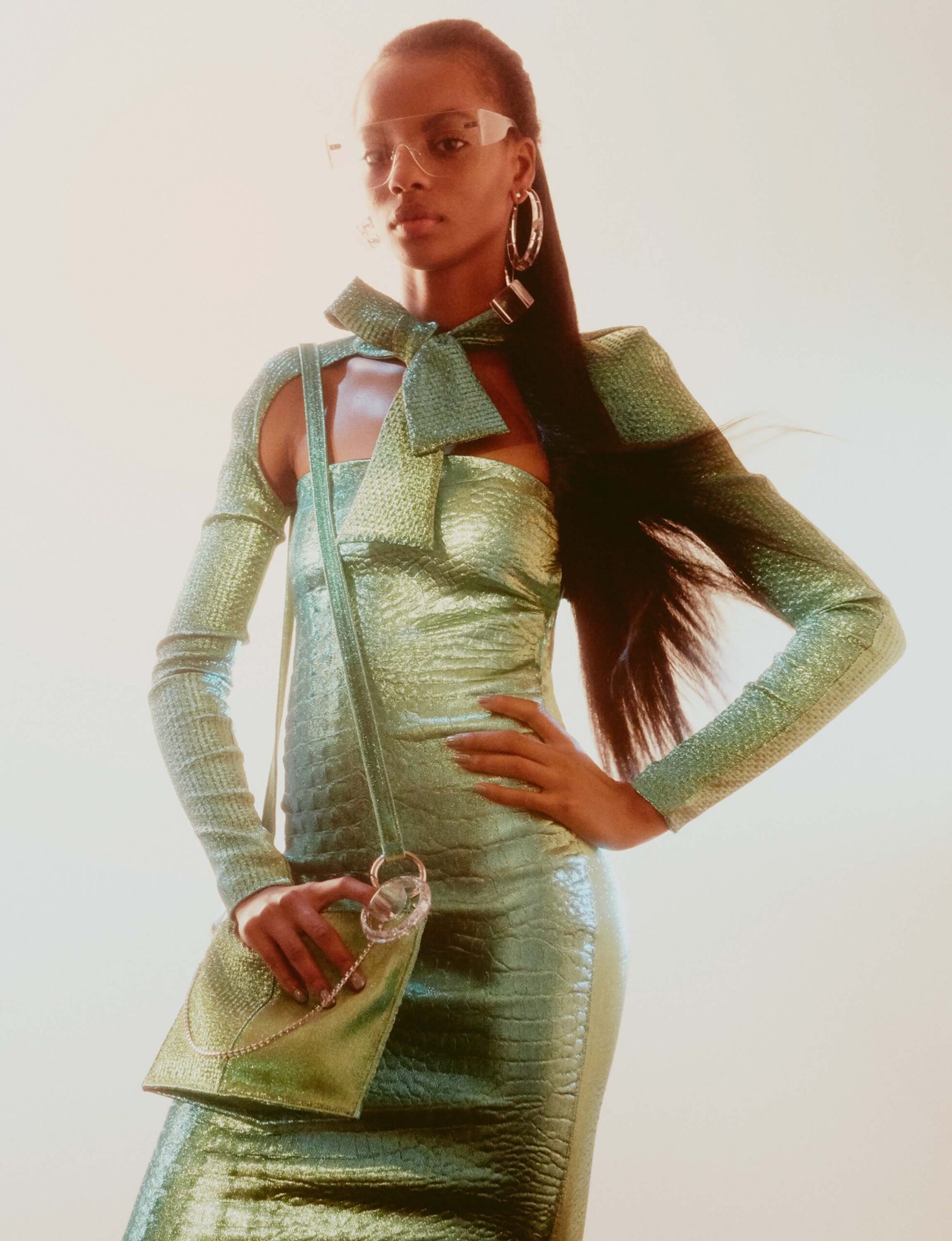 green metallic sleeveless off-shoulder fitted pencil shiny dress