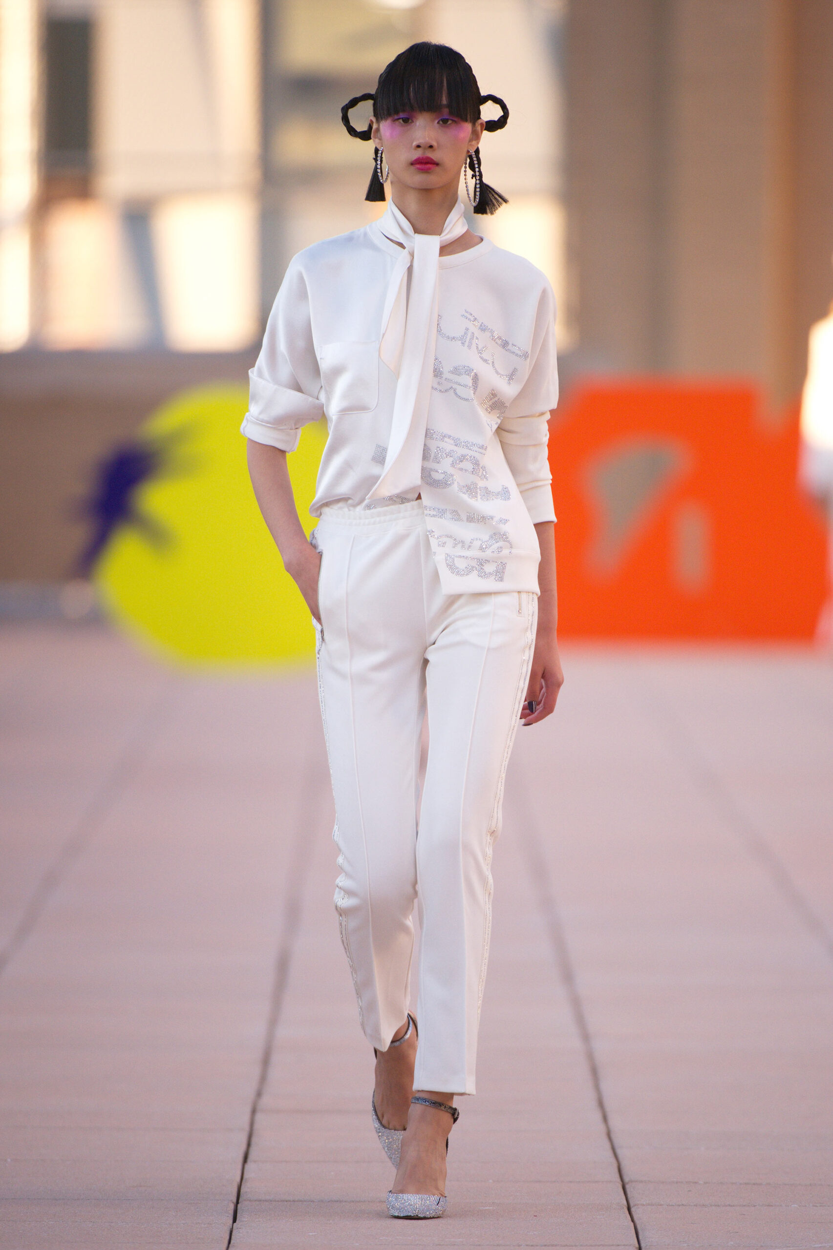 white silk fitted shirt and pants