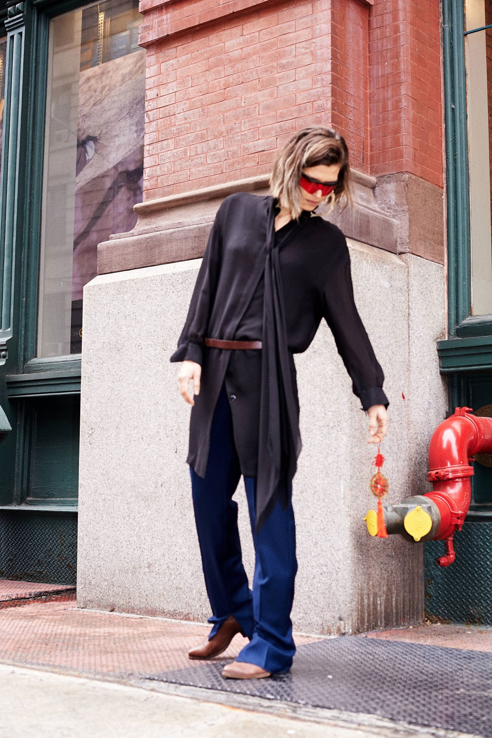 black silk long-sleeve collared relaxed draped shirt