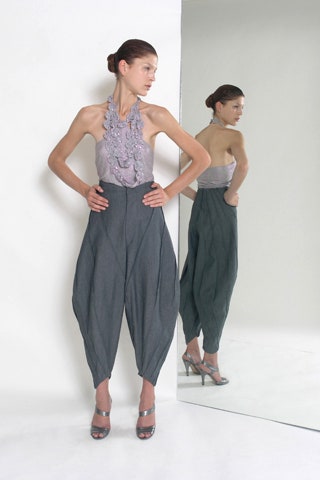 purple silk halter top with gray pants