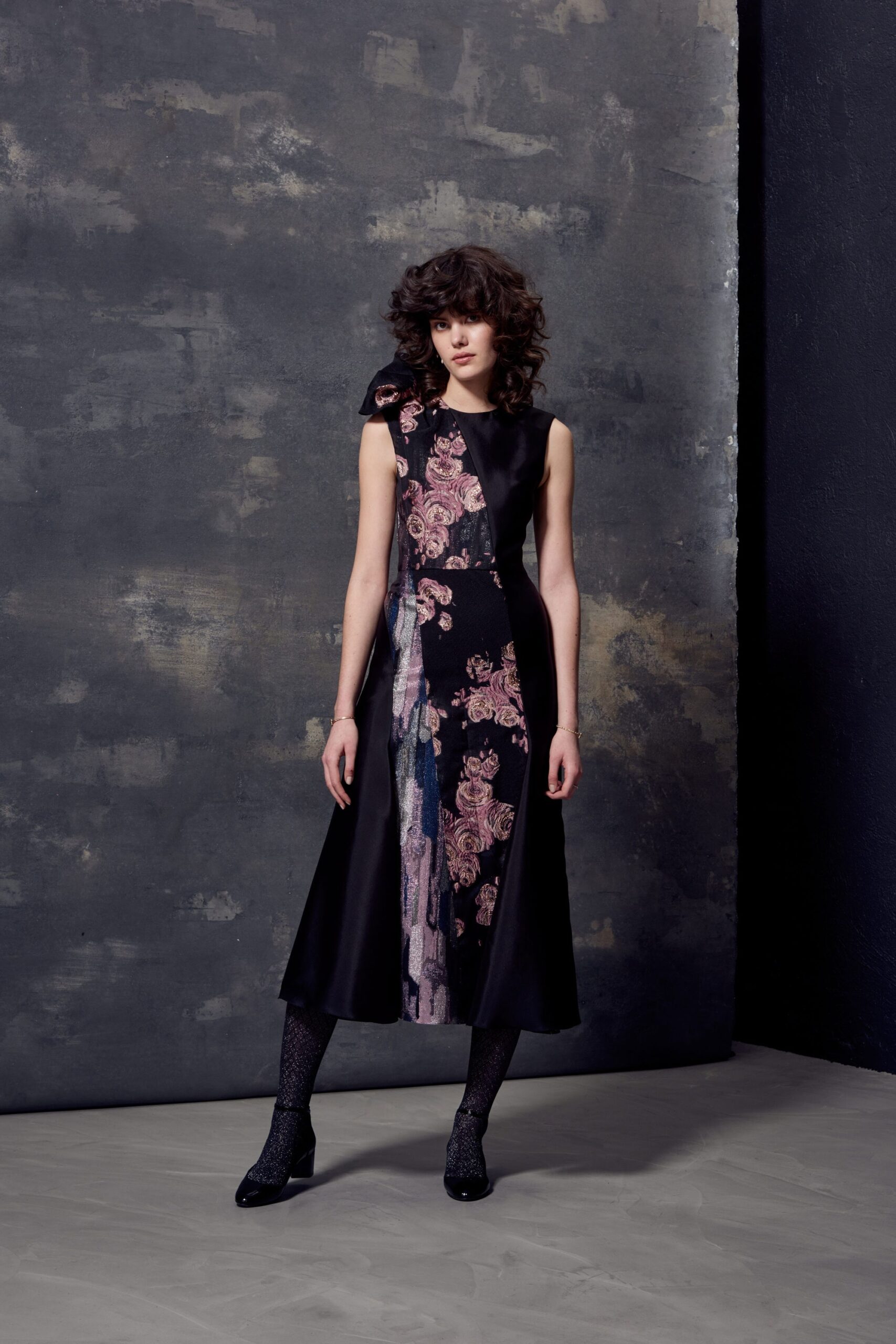 black multi embroidered midi dress