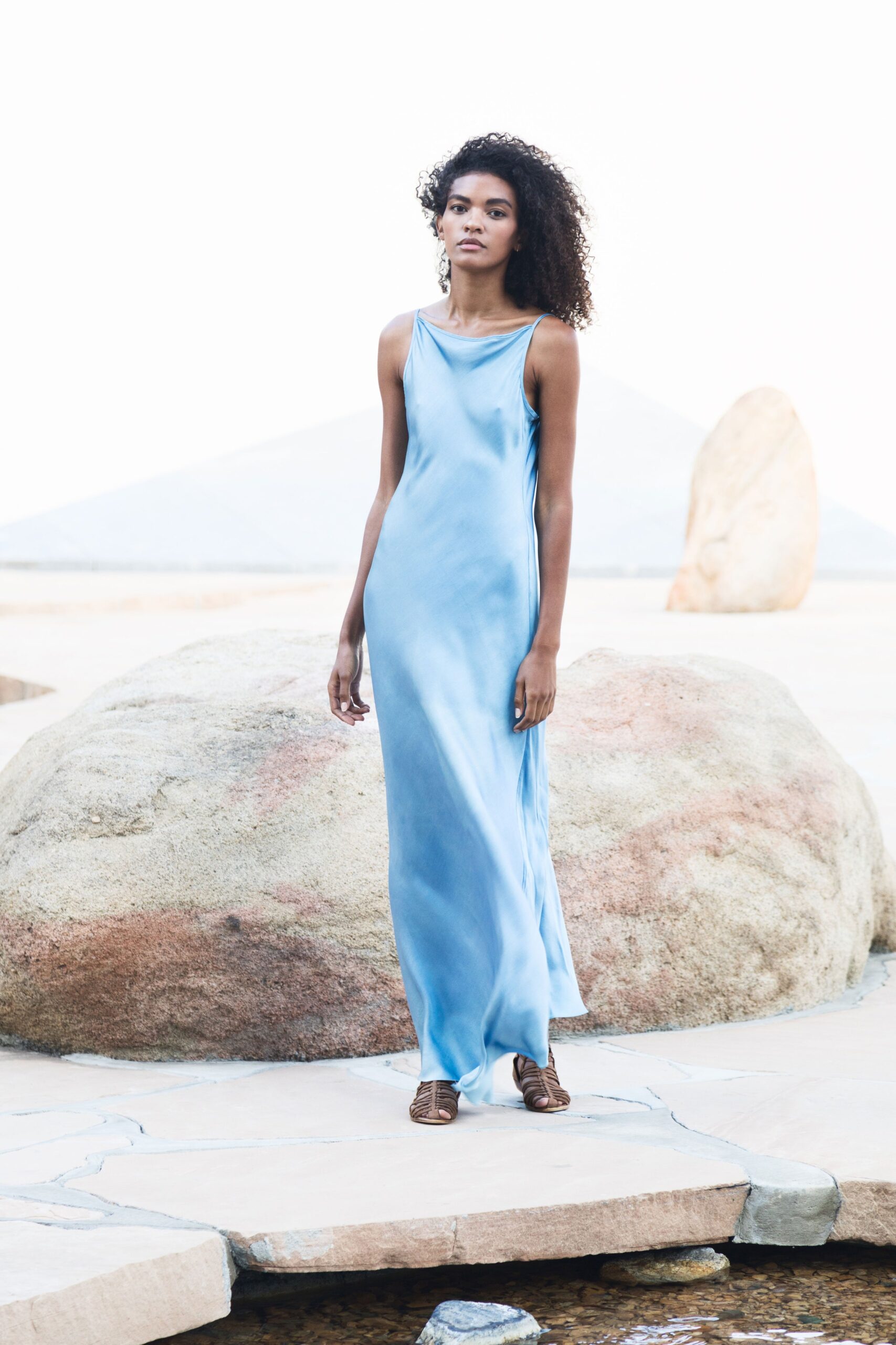 blue silk sleeveless dress