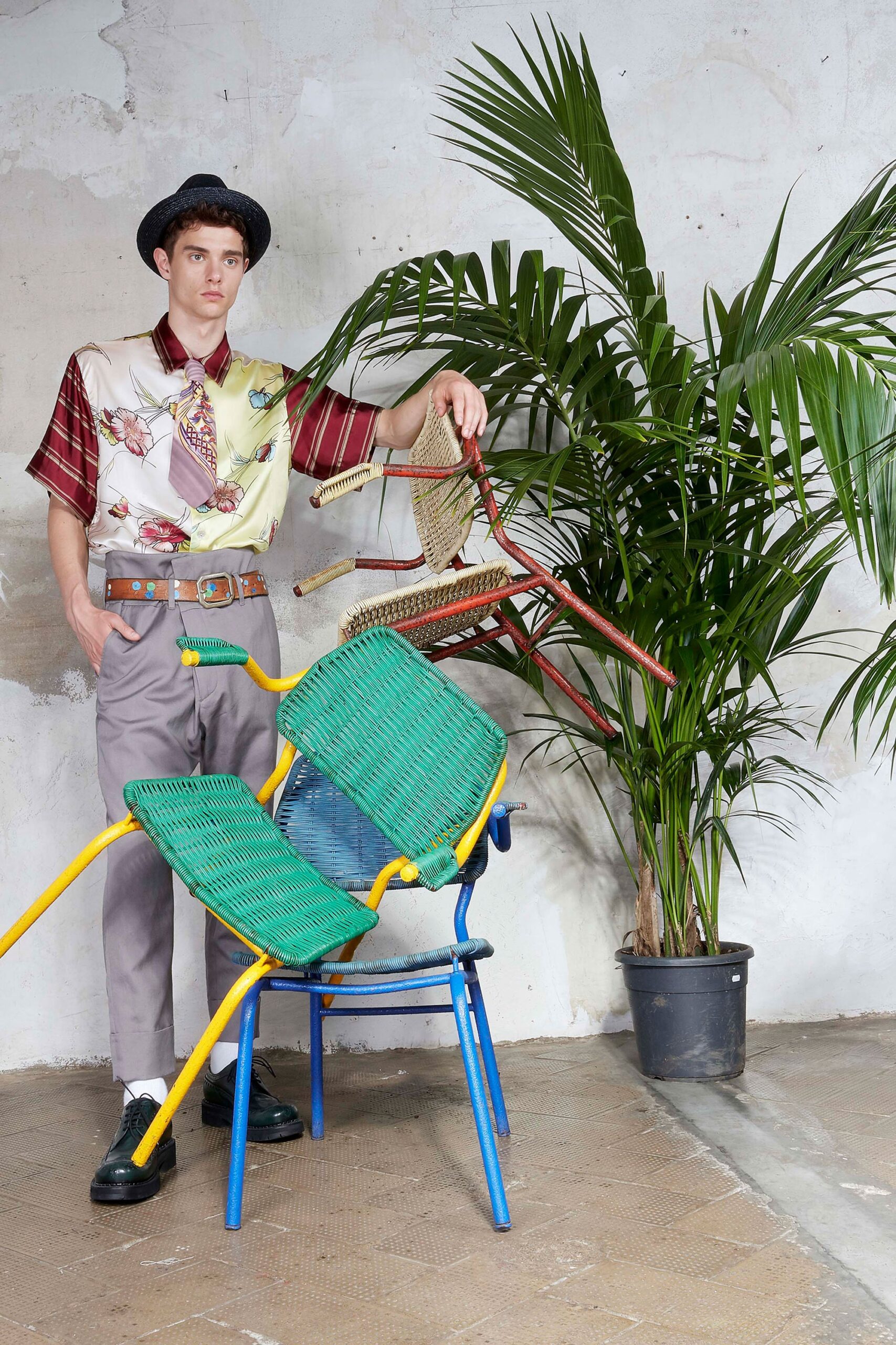 multi-colored relaxed shirt with gray pants