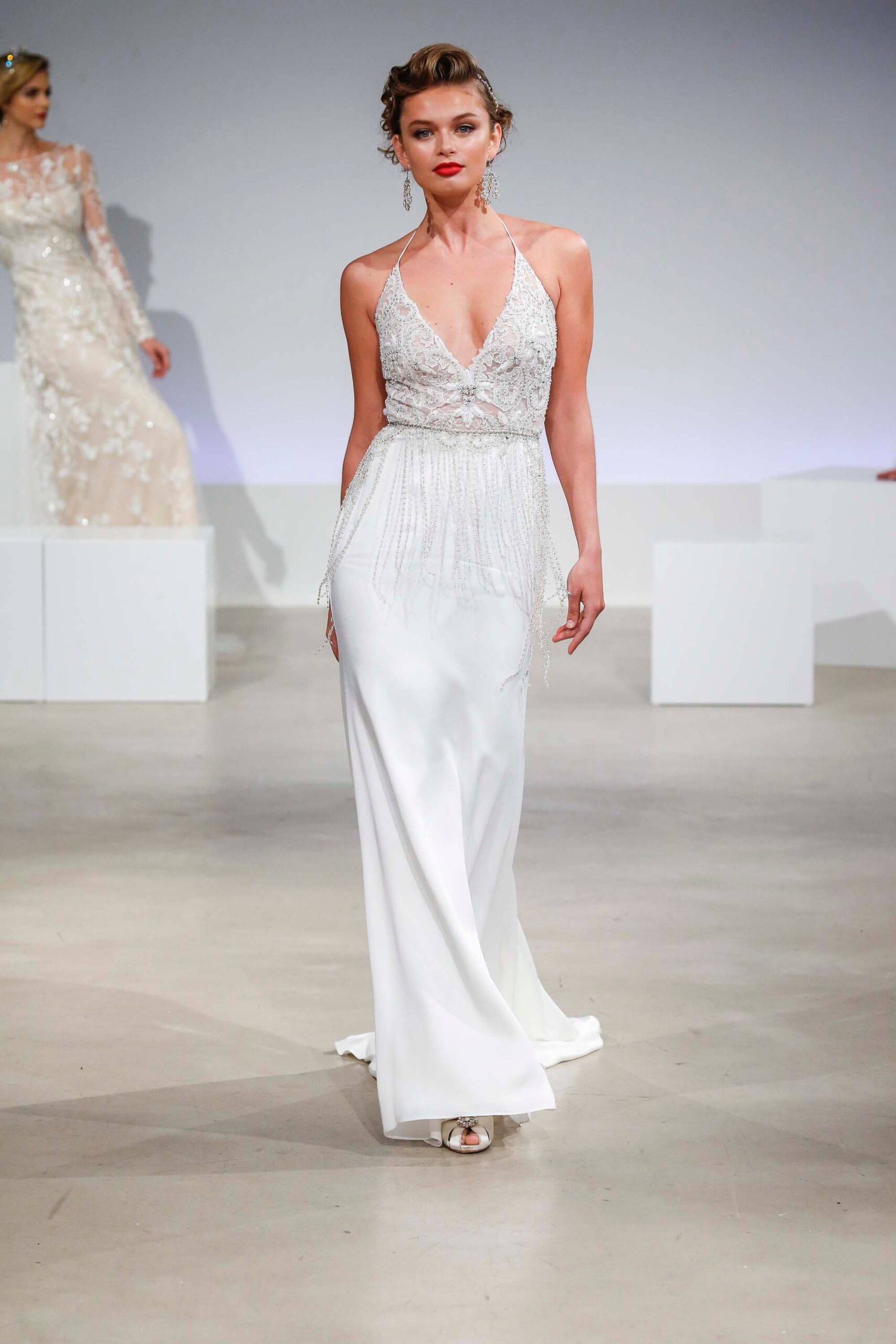 white silk beaded gown