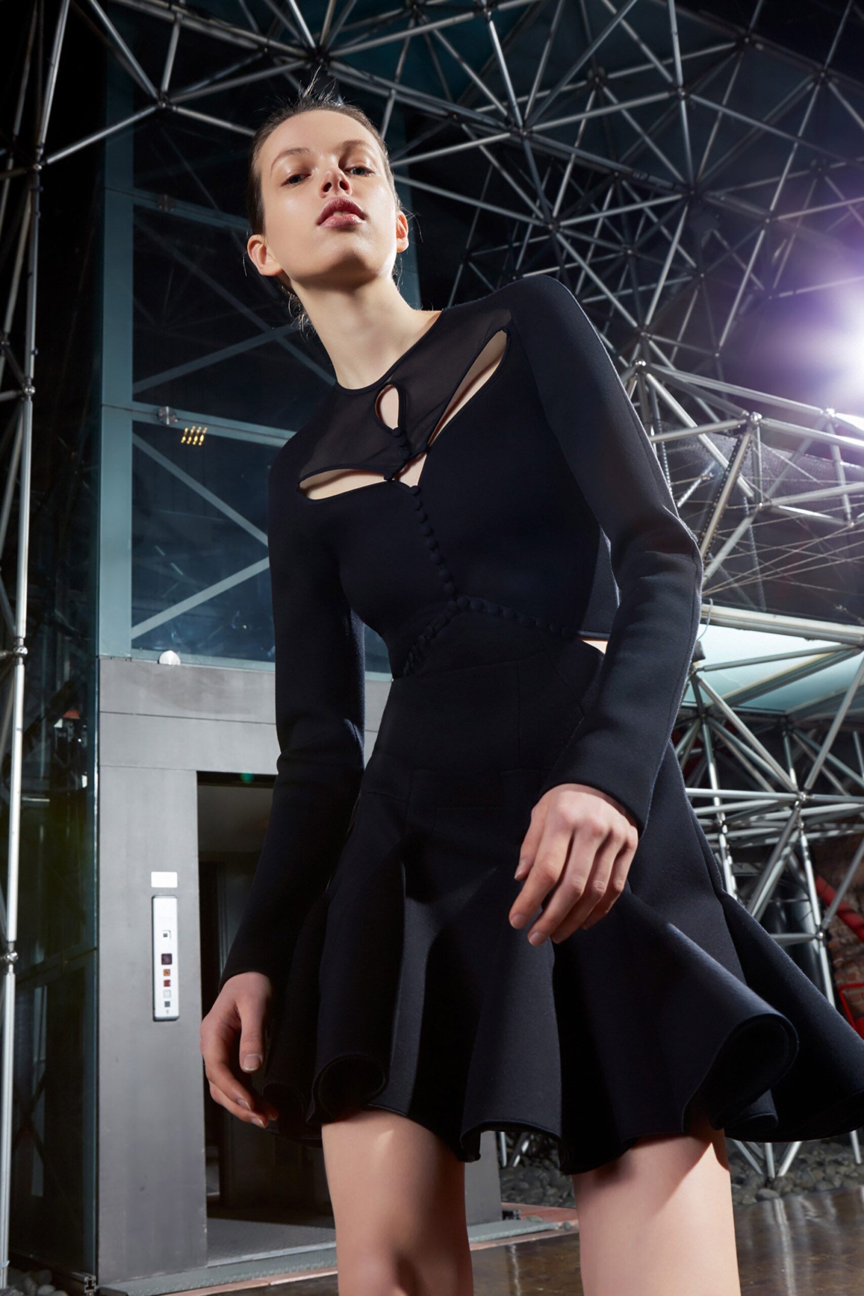 black fitted long-sleeve dress