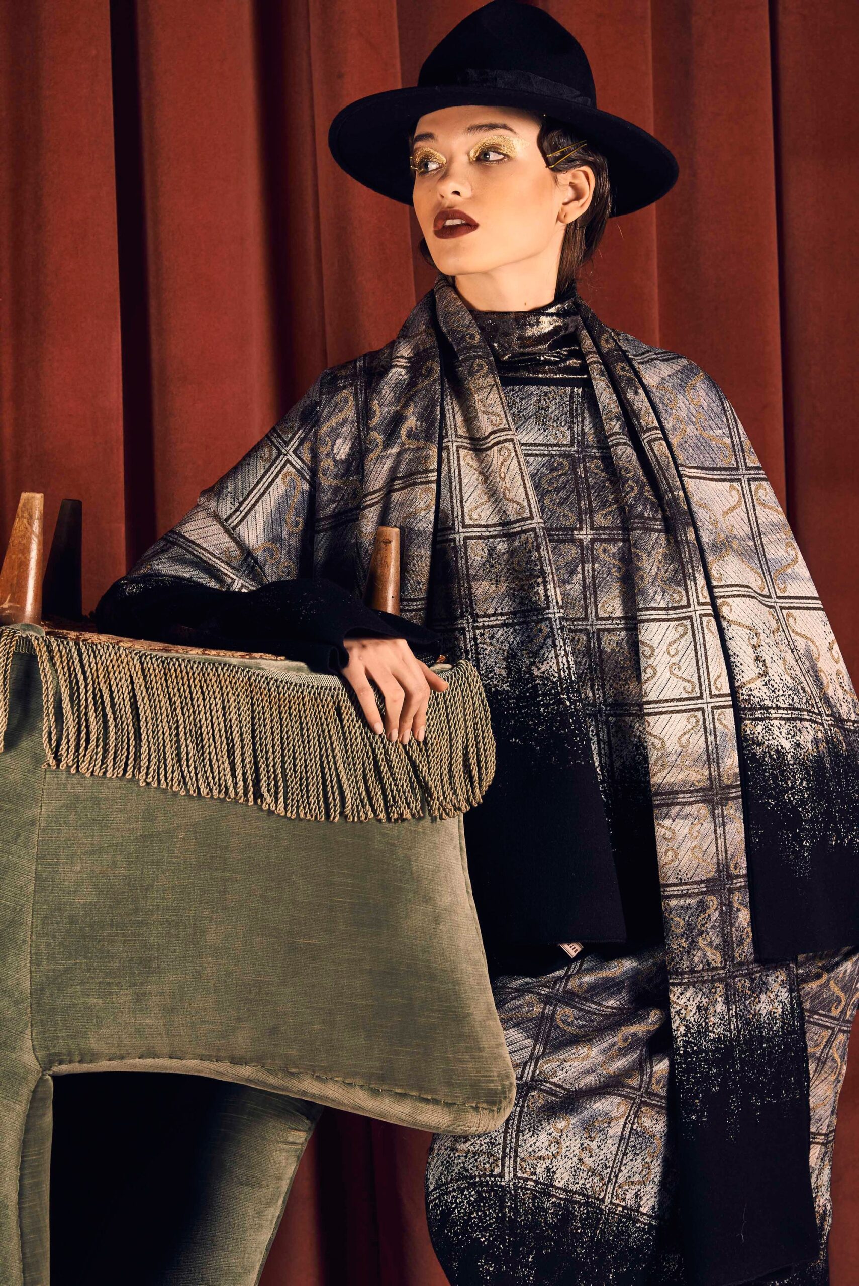 black and gray silk cape