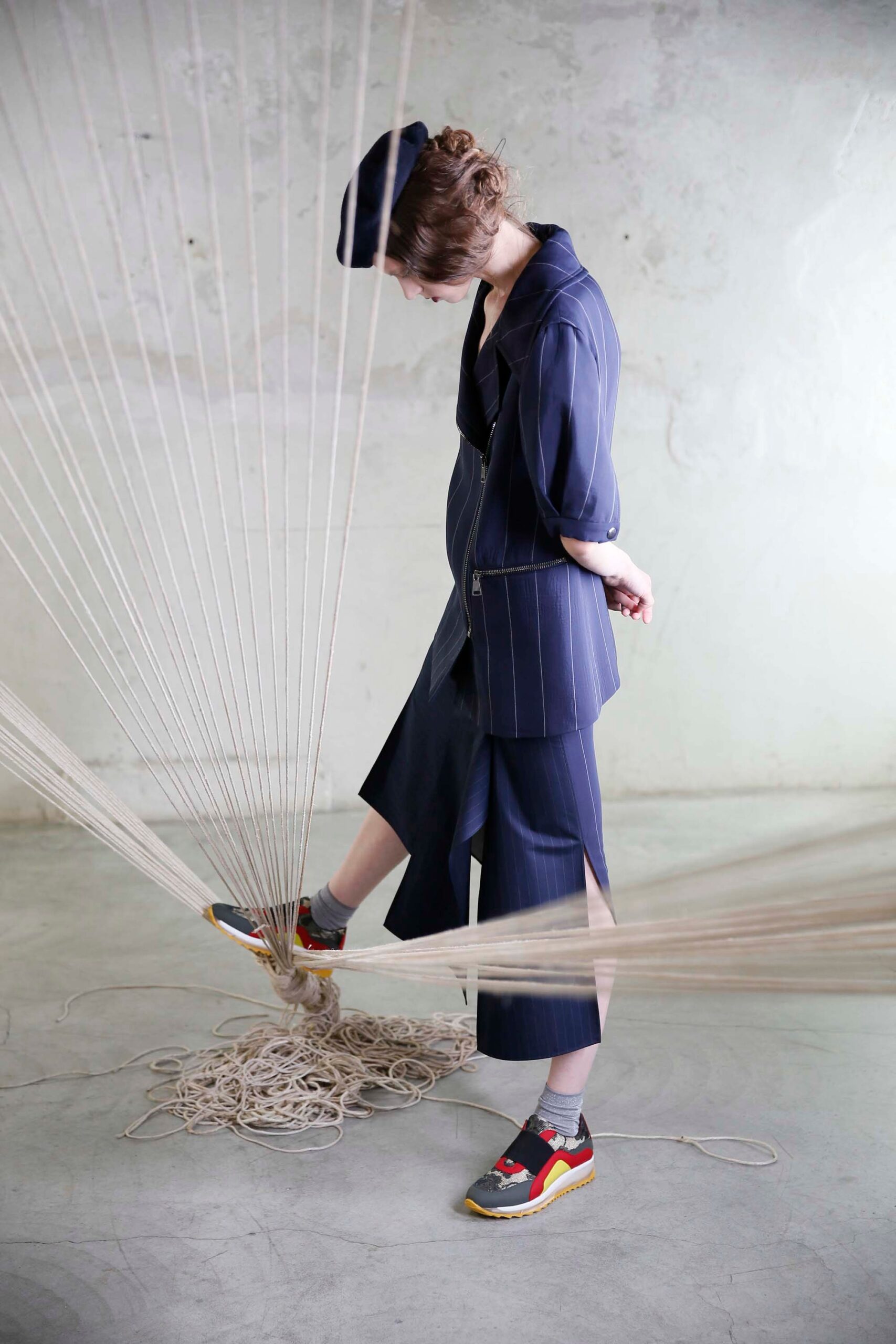 blue cotton slit relaxed wide-leg pants
