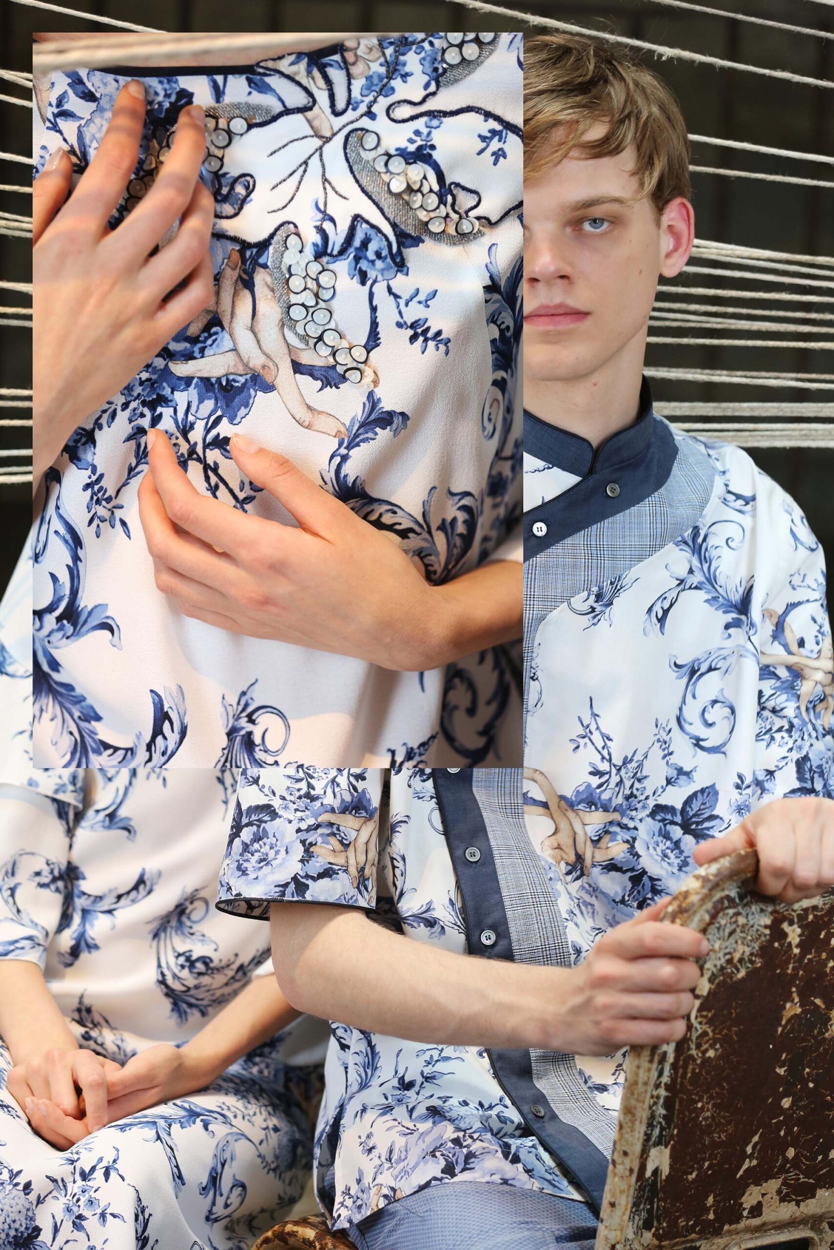 blue silk long-sleeve collared relaxed printed shirt