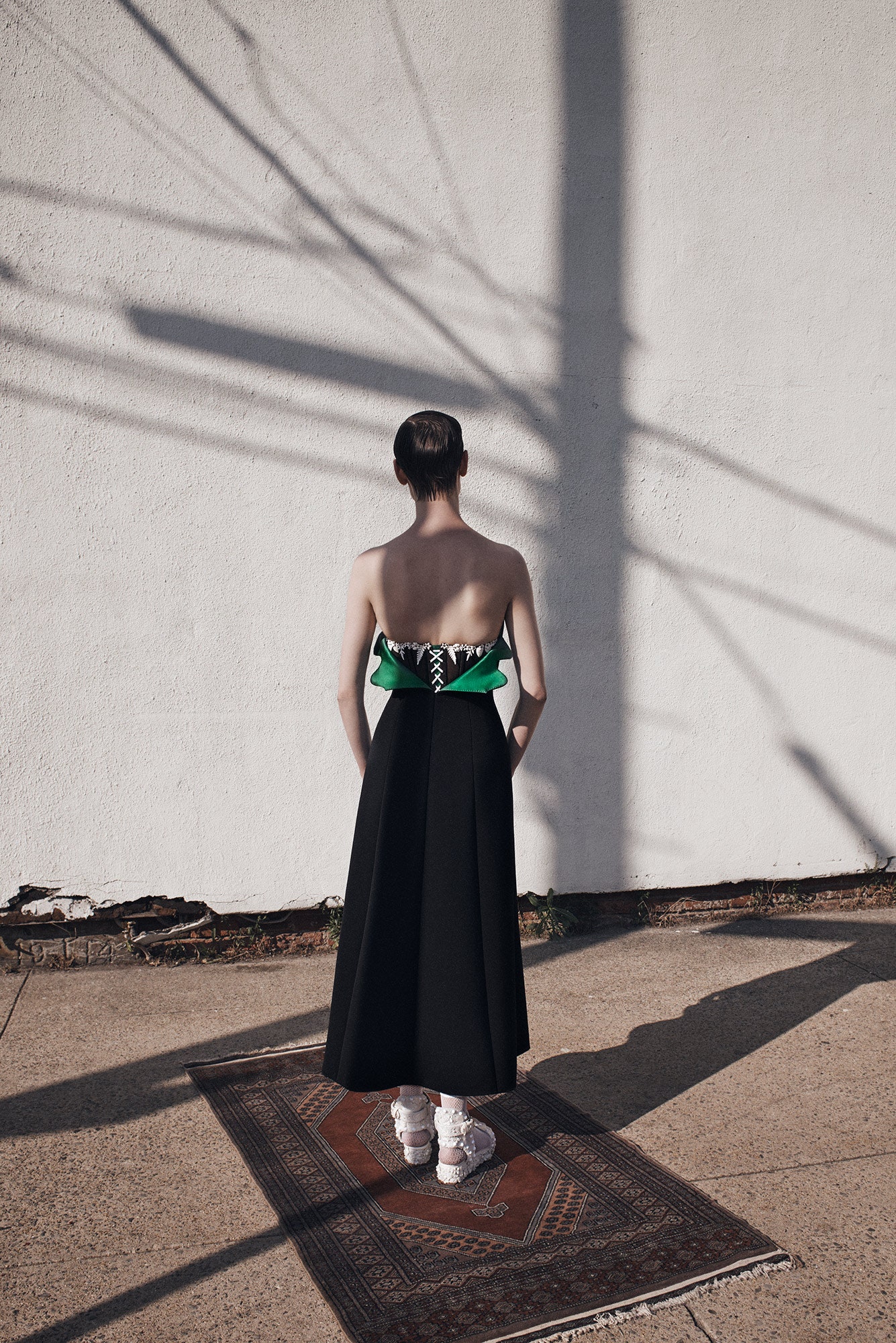 black and green strapless midi dress