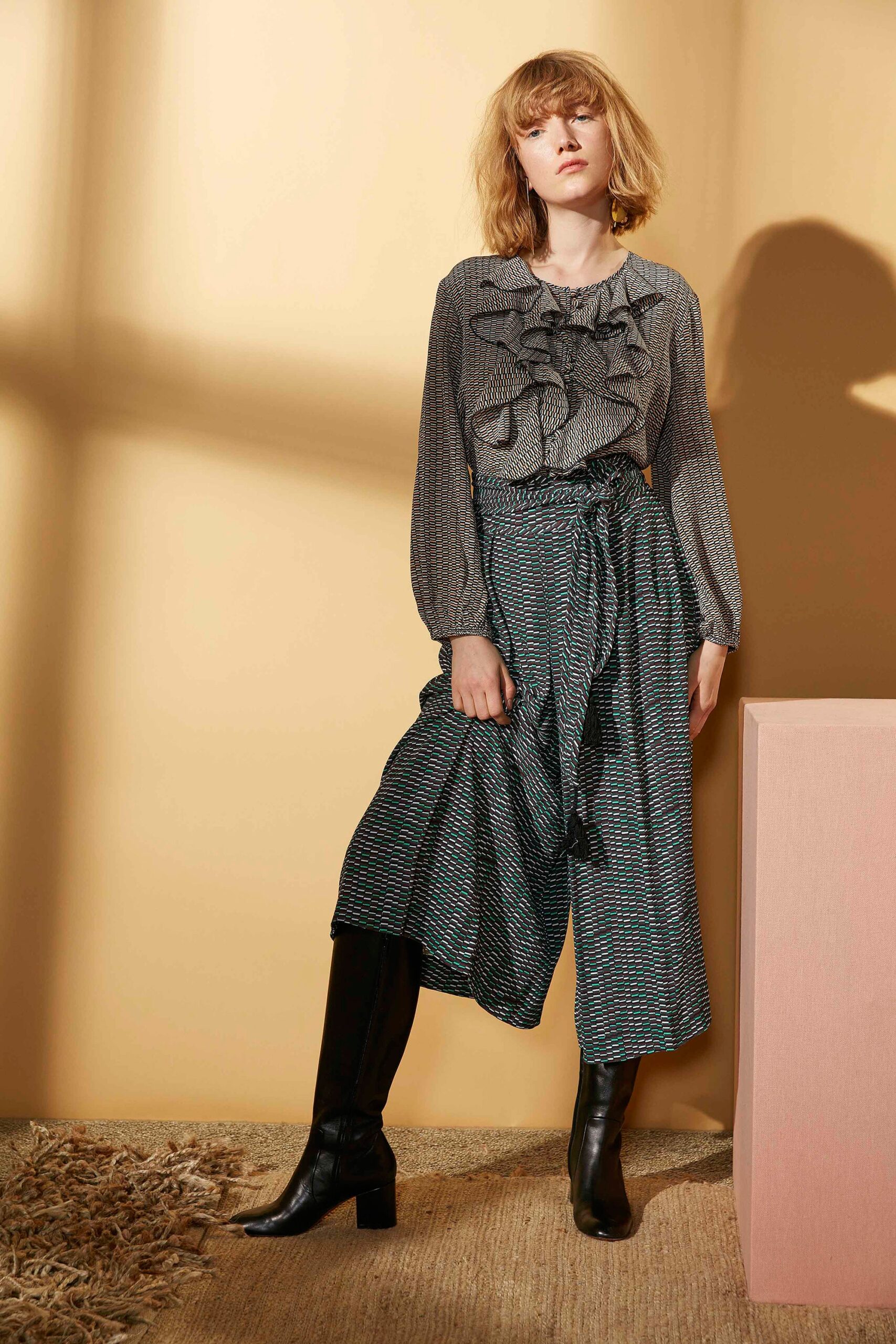 gray silk long-sleeve collared relaxed ruffled blouse