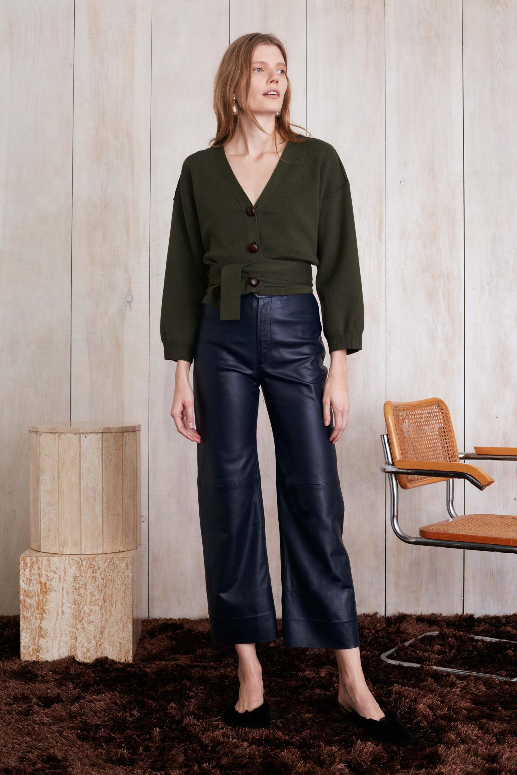 green knit long-sleeve v-neck relaxed buttoned belted top