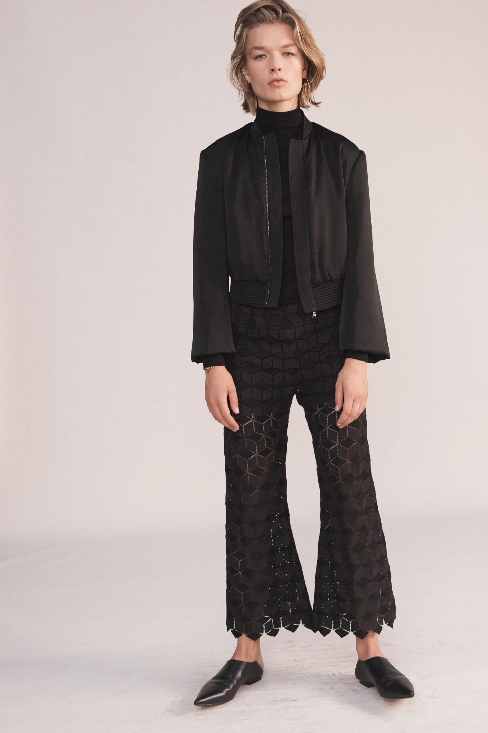 black cotton relaxed flared textured pants
