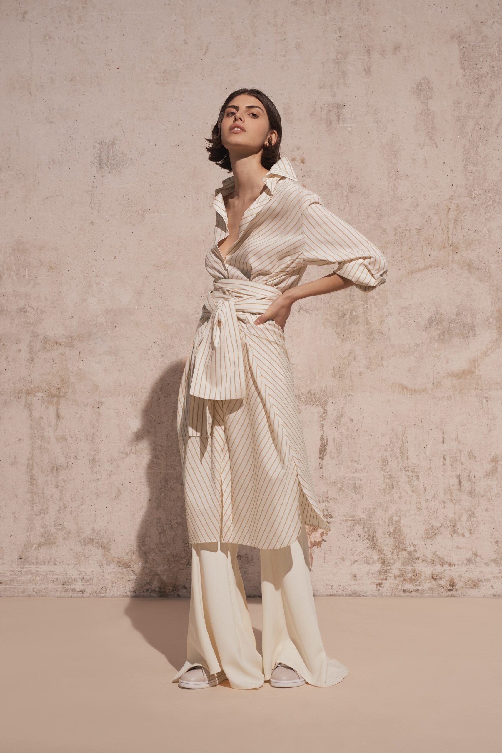 white striped shirt-dress with pants