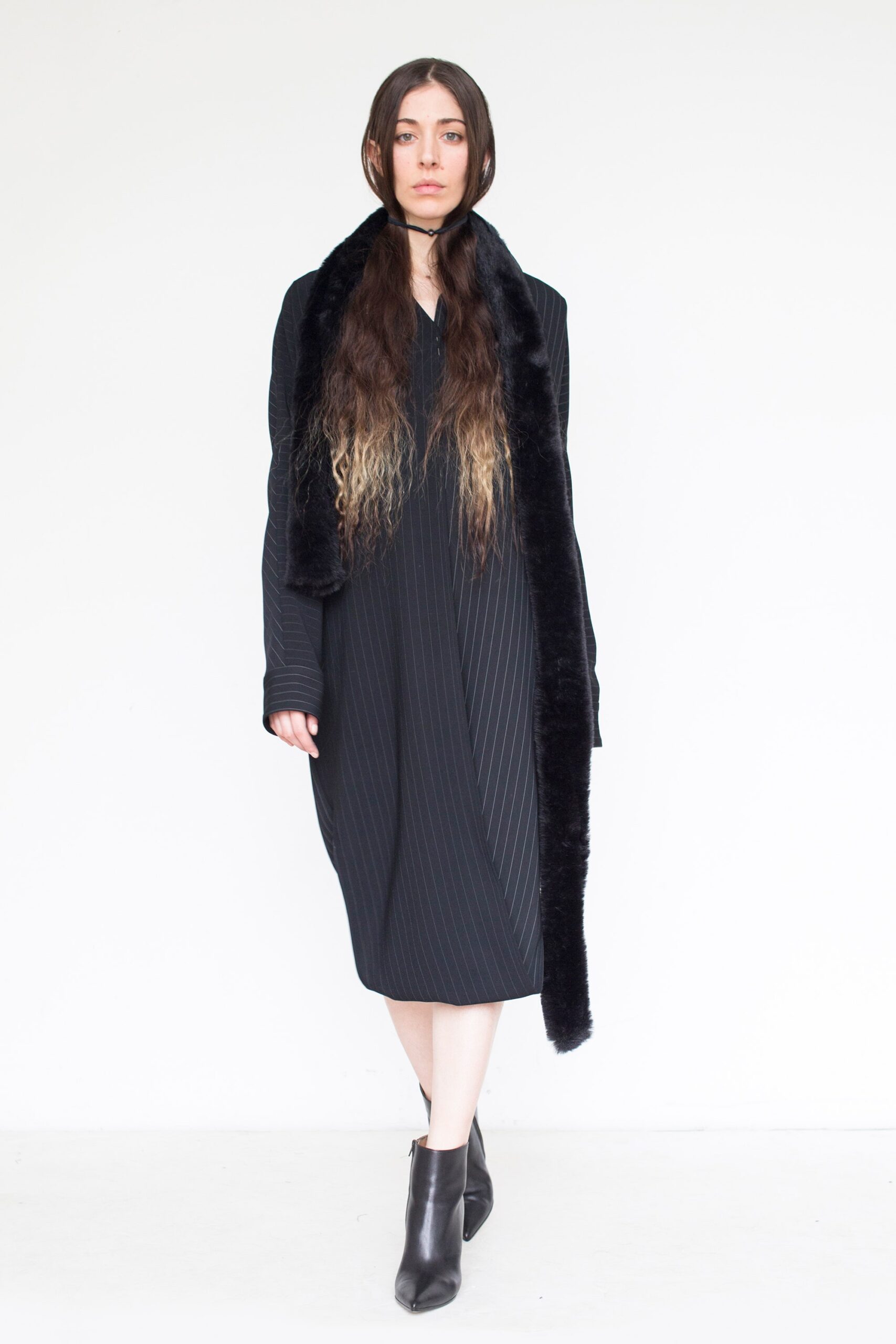 black pleated midi dress with coat