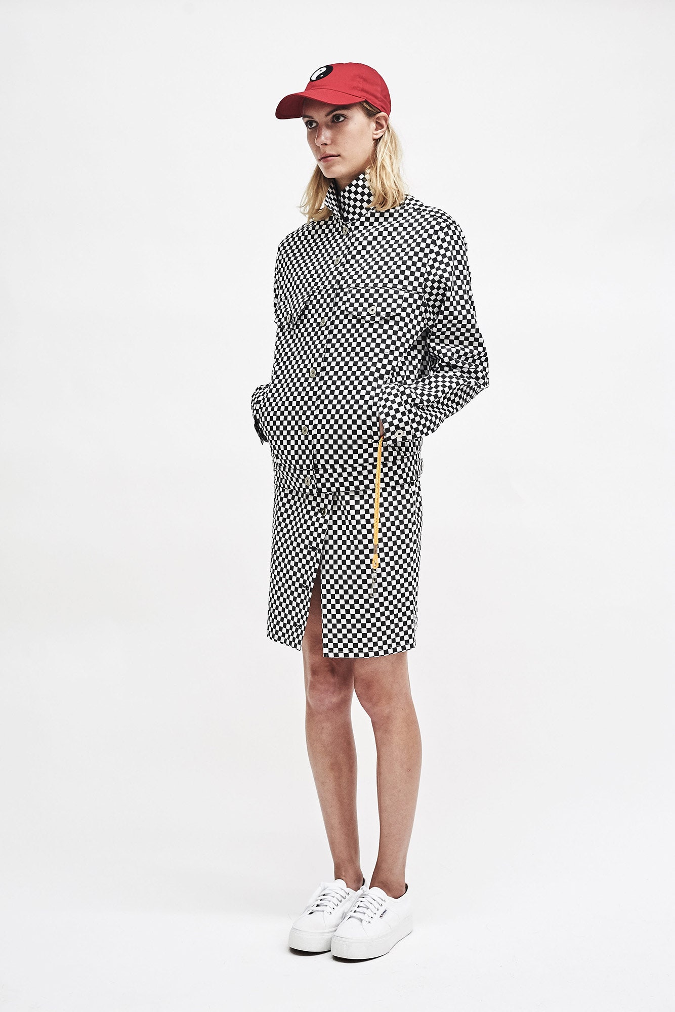 black and white checked dress with cap