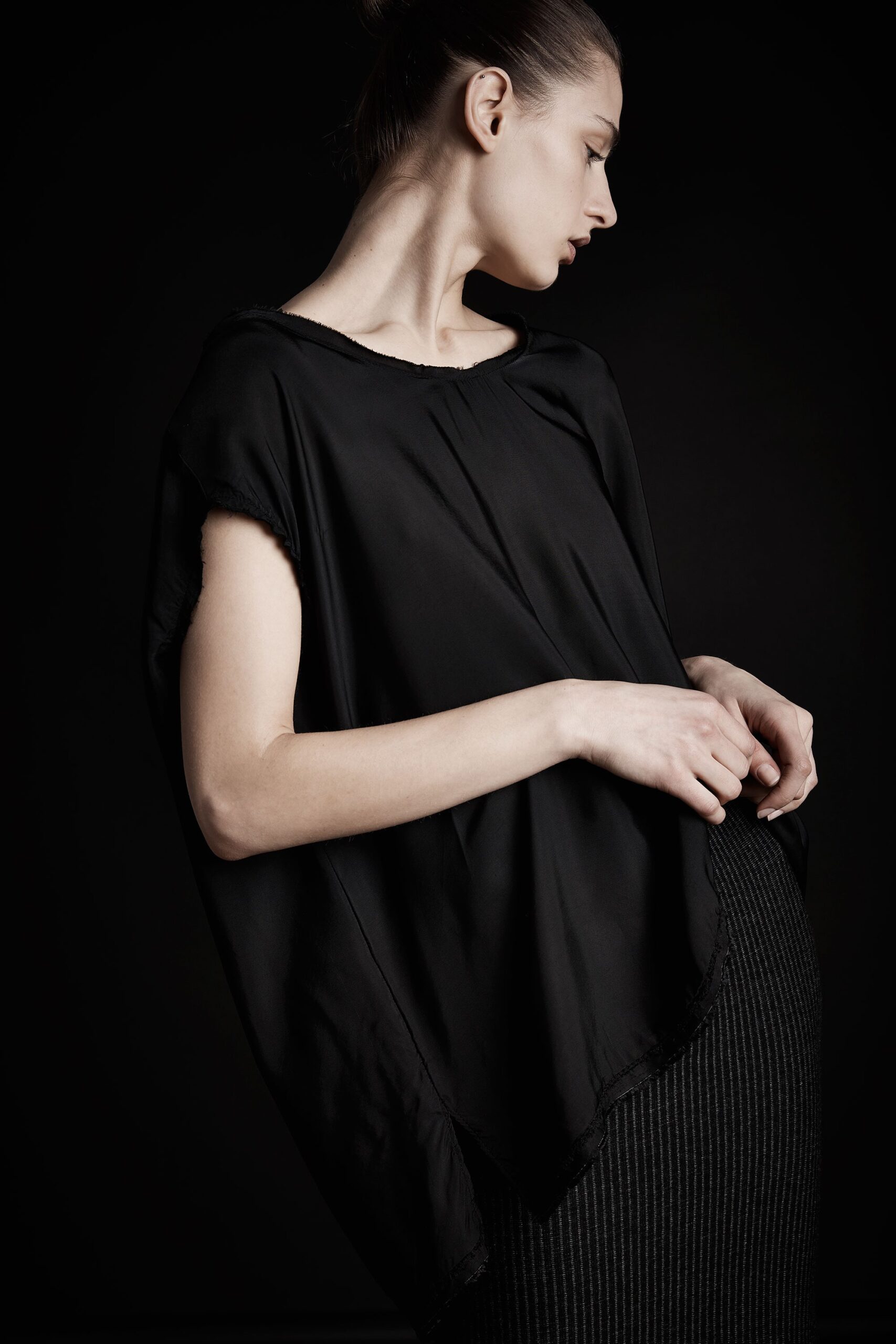 black silk top and pencil skirt