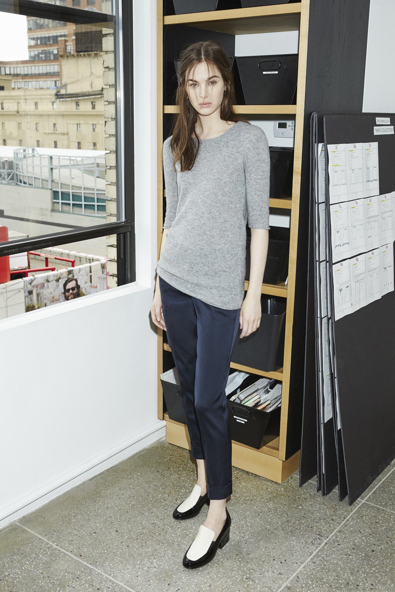 gray fitted sweater with tailored pants