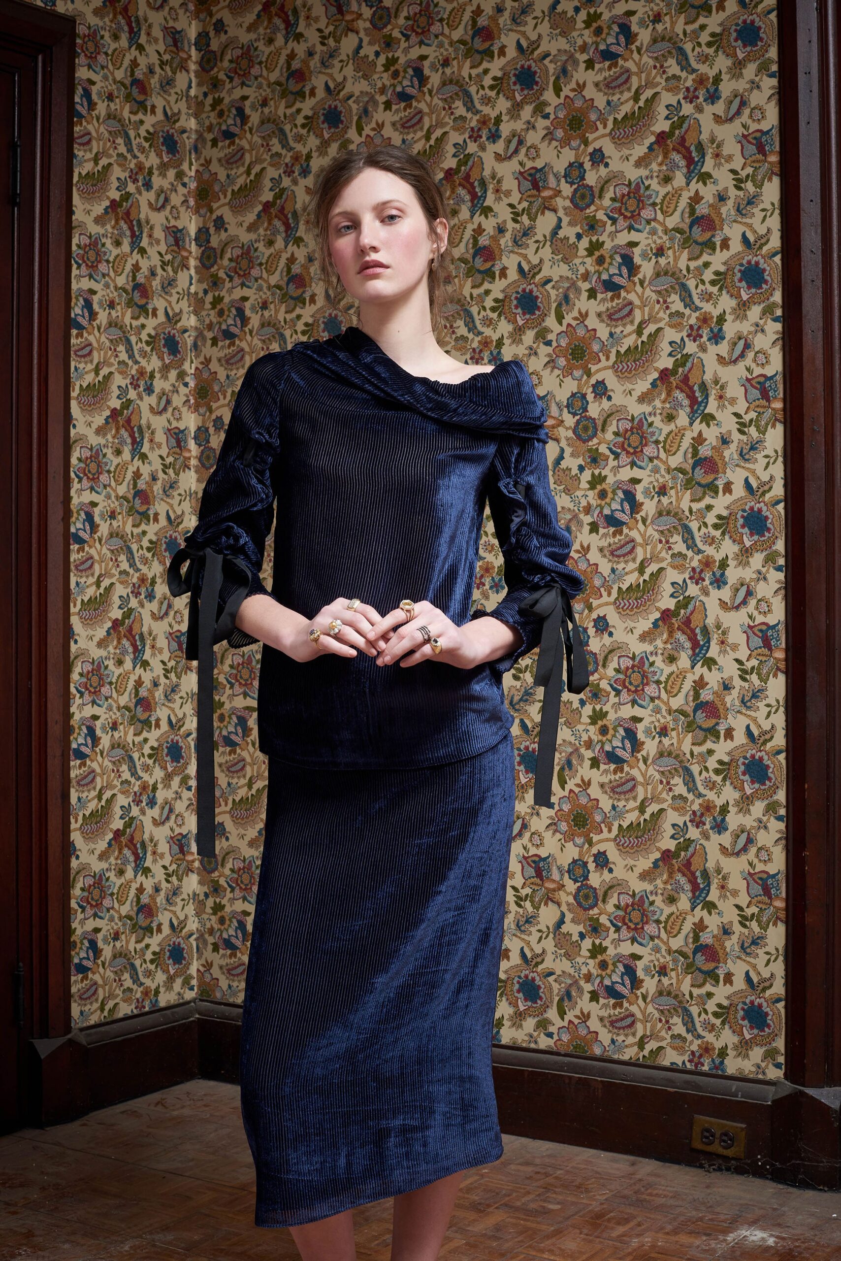 blue velvet long-sleeve off-shoulder fitted draped top
