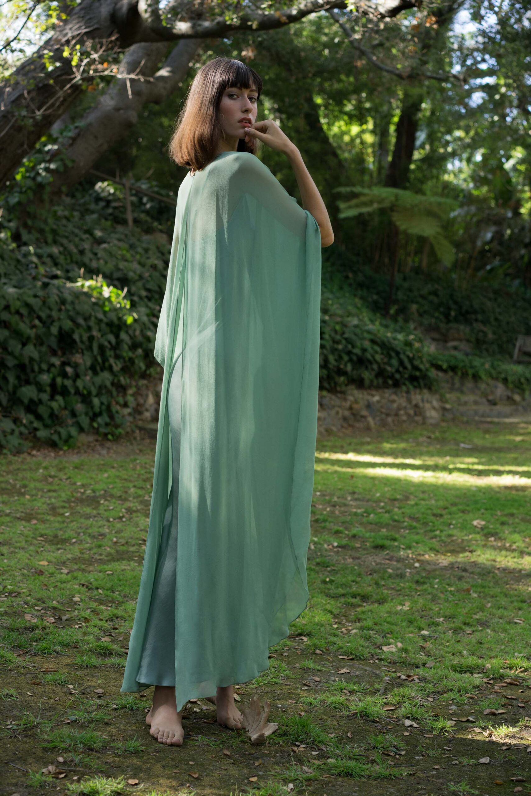 green chiffon sleeveless v-neck relaxed layered flowing dress