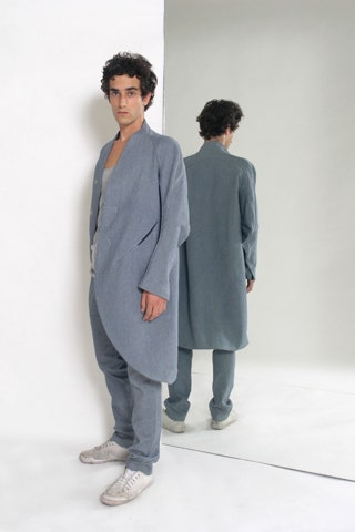 blue wool long-sleeve collared relaxed draped coat