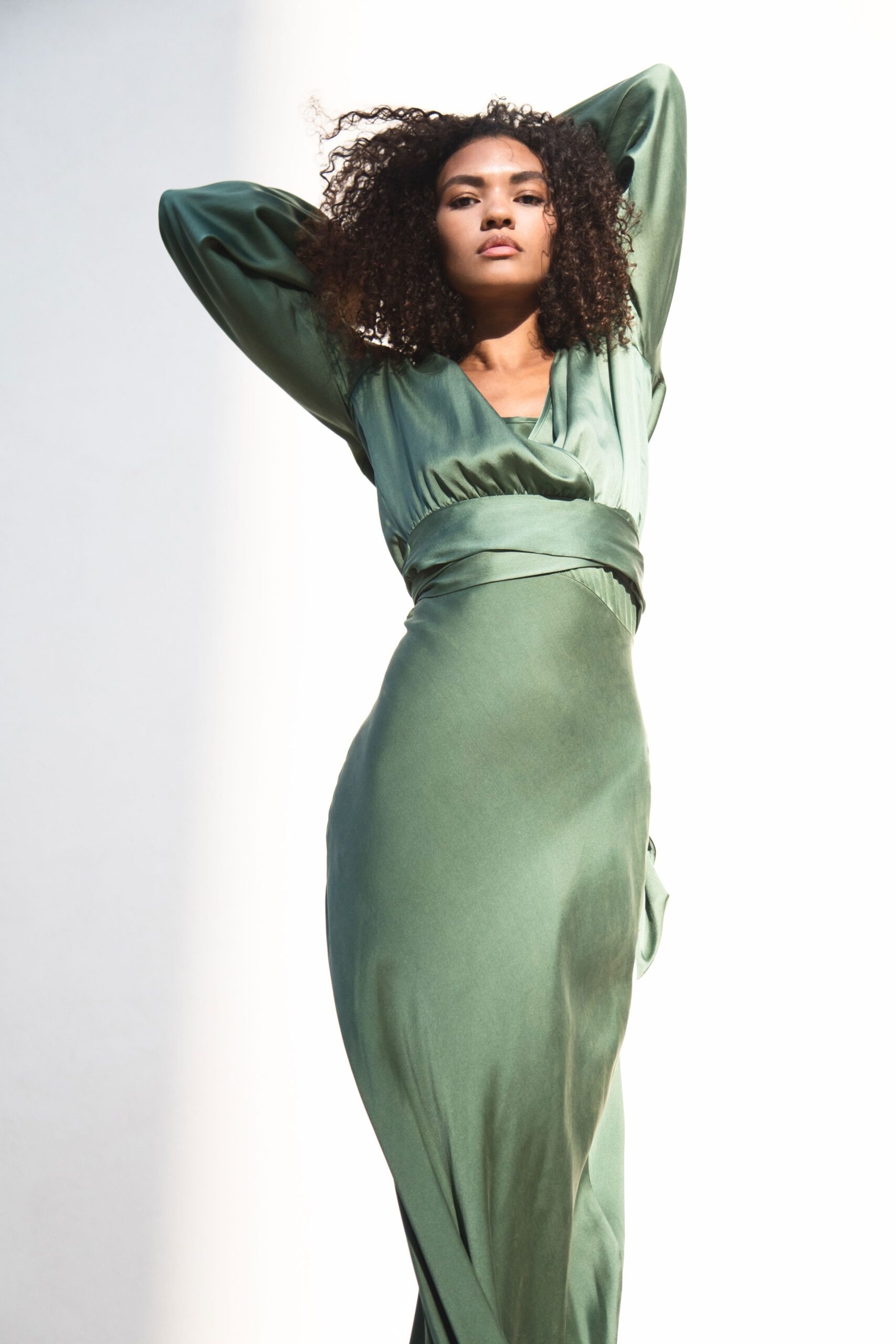 green silk fitted gown