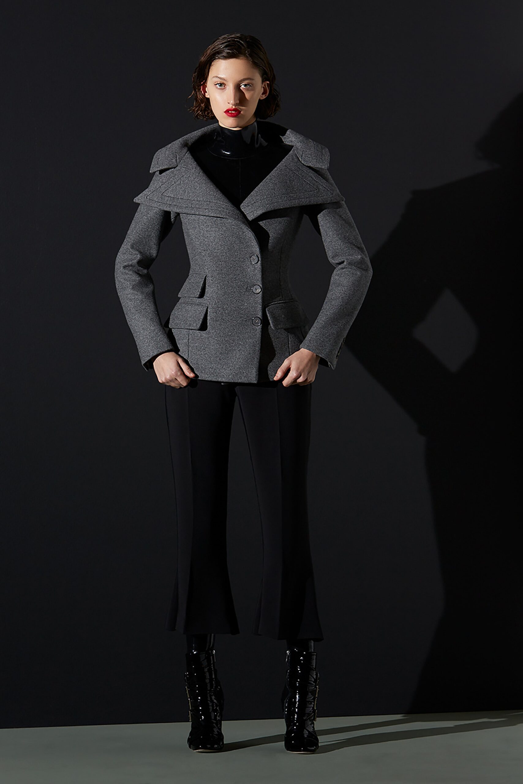 gray wool long-sleeve collared tailored structured buttoned jacket