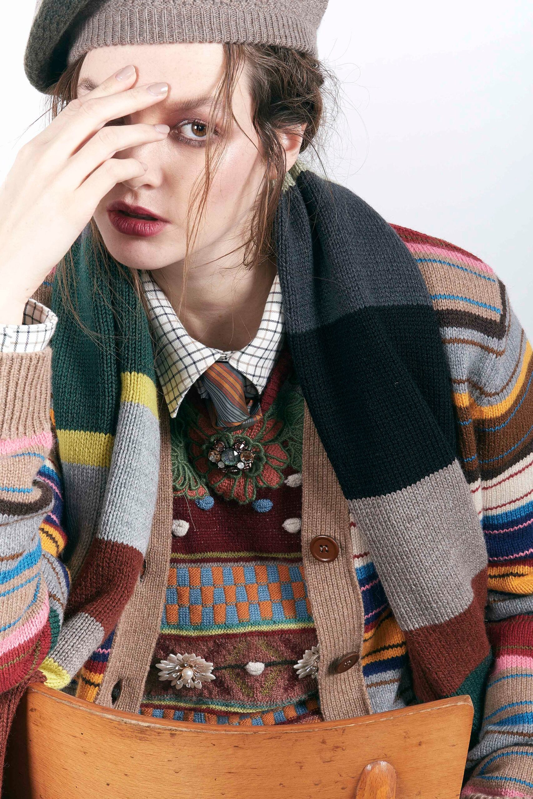 multi-colored wool sweater and cardigan