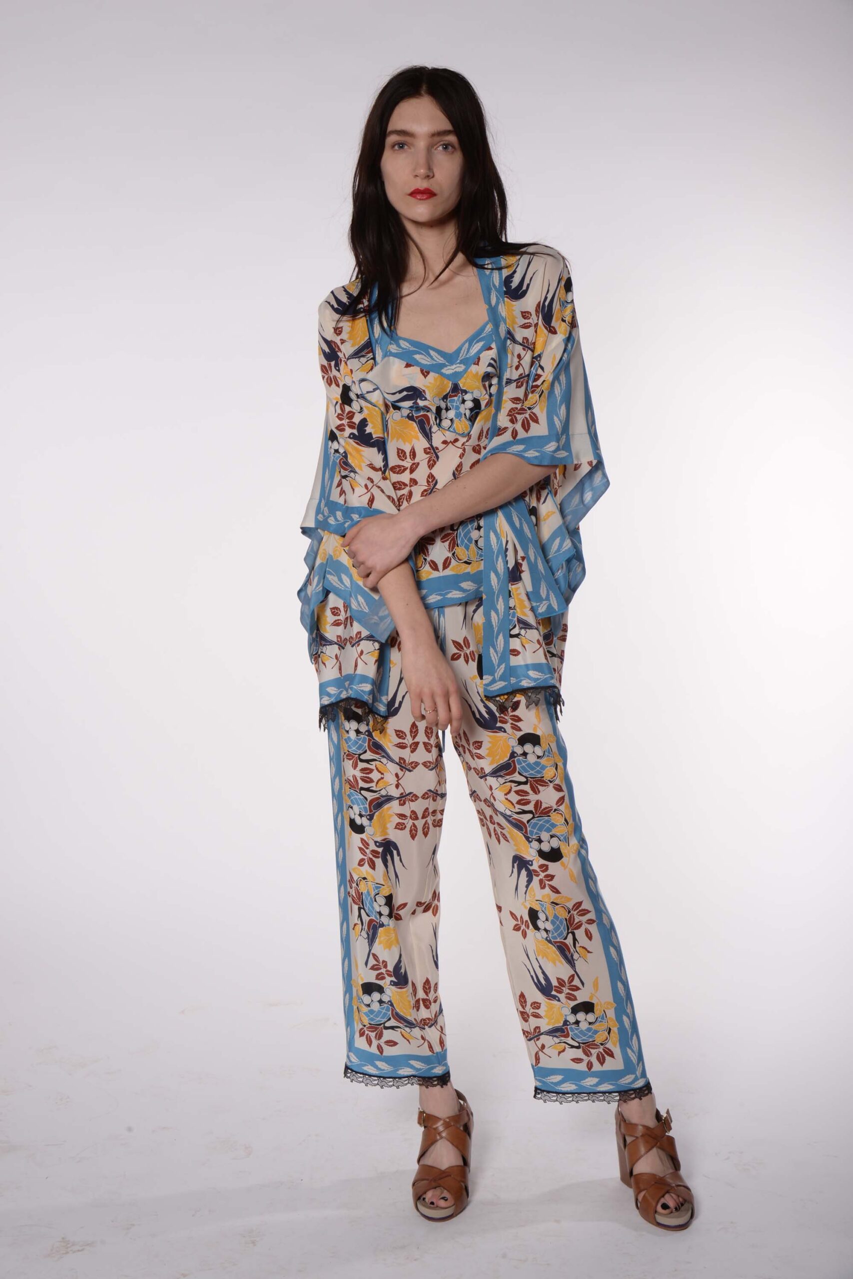 floral silk top and pants