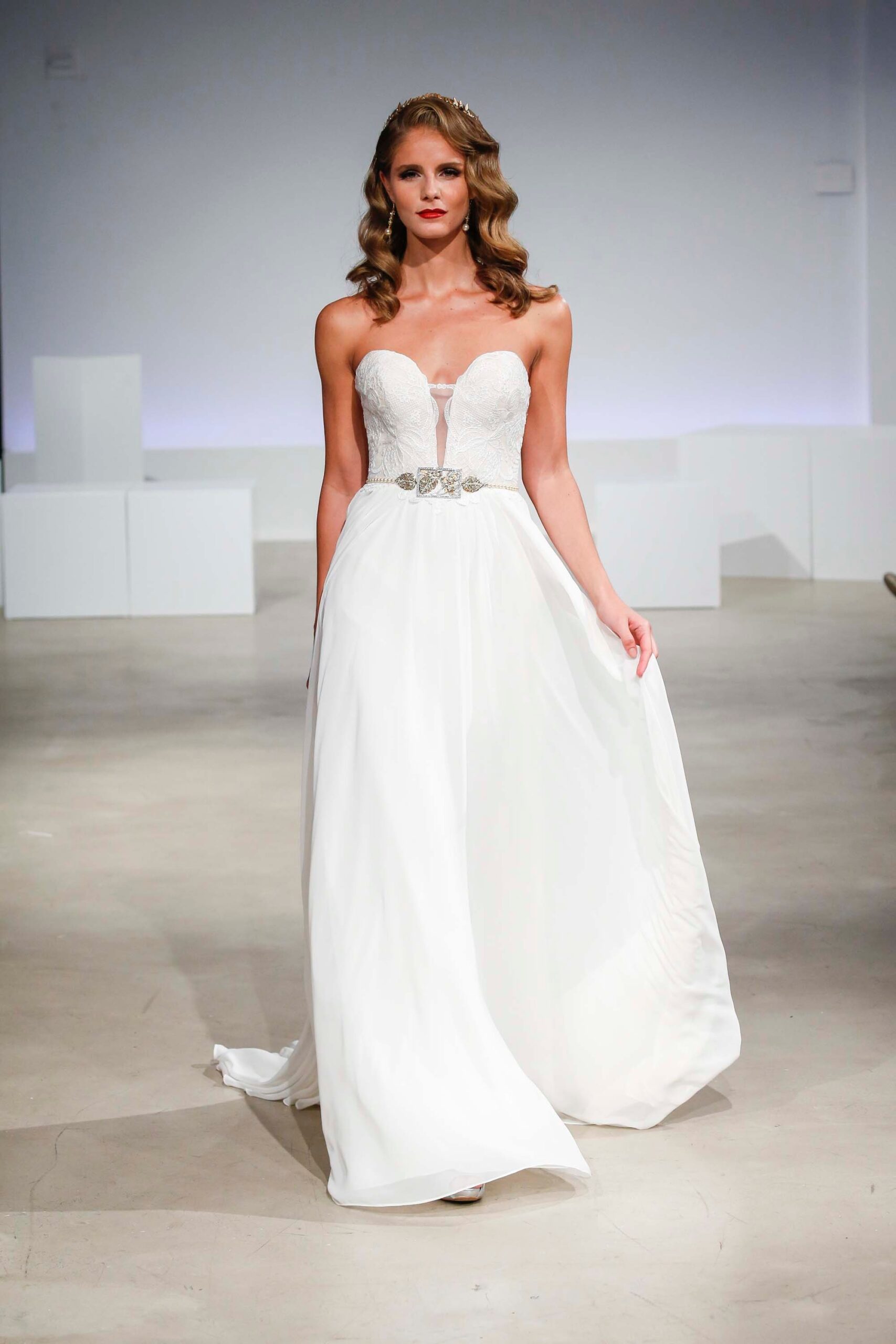 white silk strapless gown