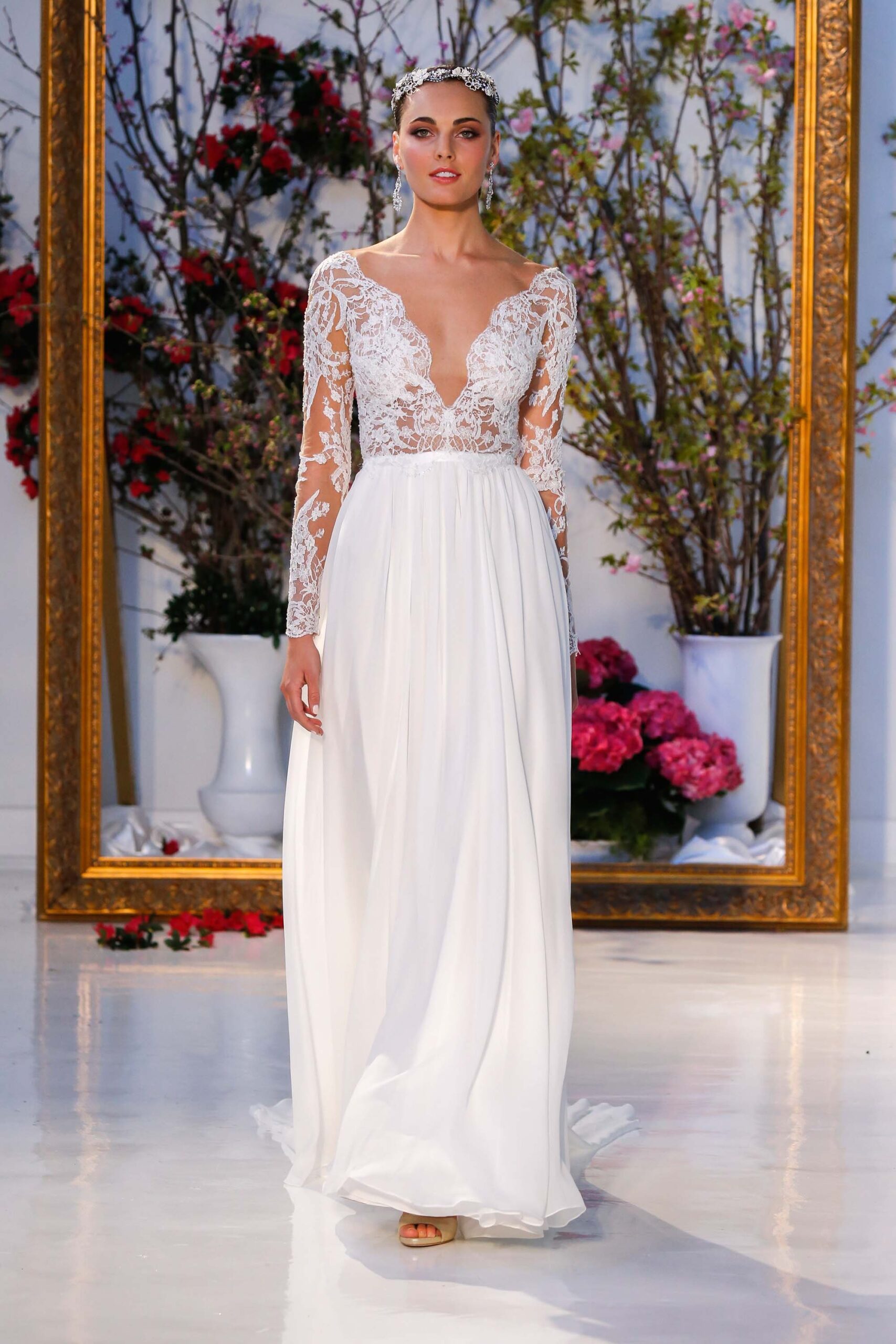 white silk embroidered gown