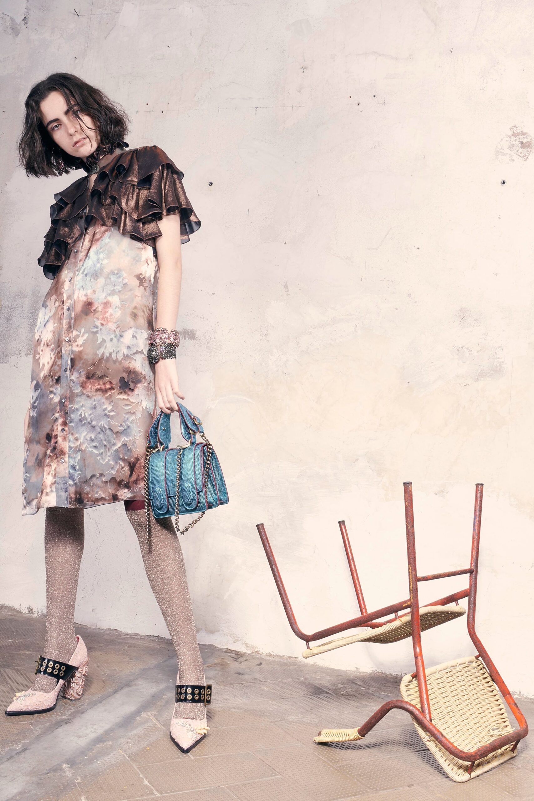 multi silk sleeveless v-neck fitted ruffled short dress
