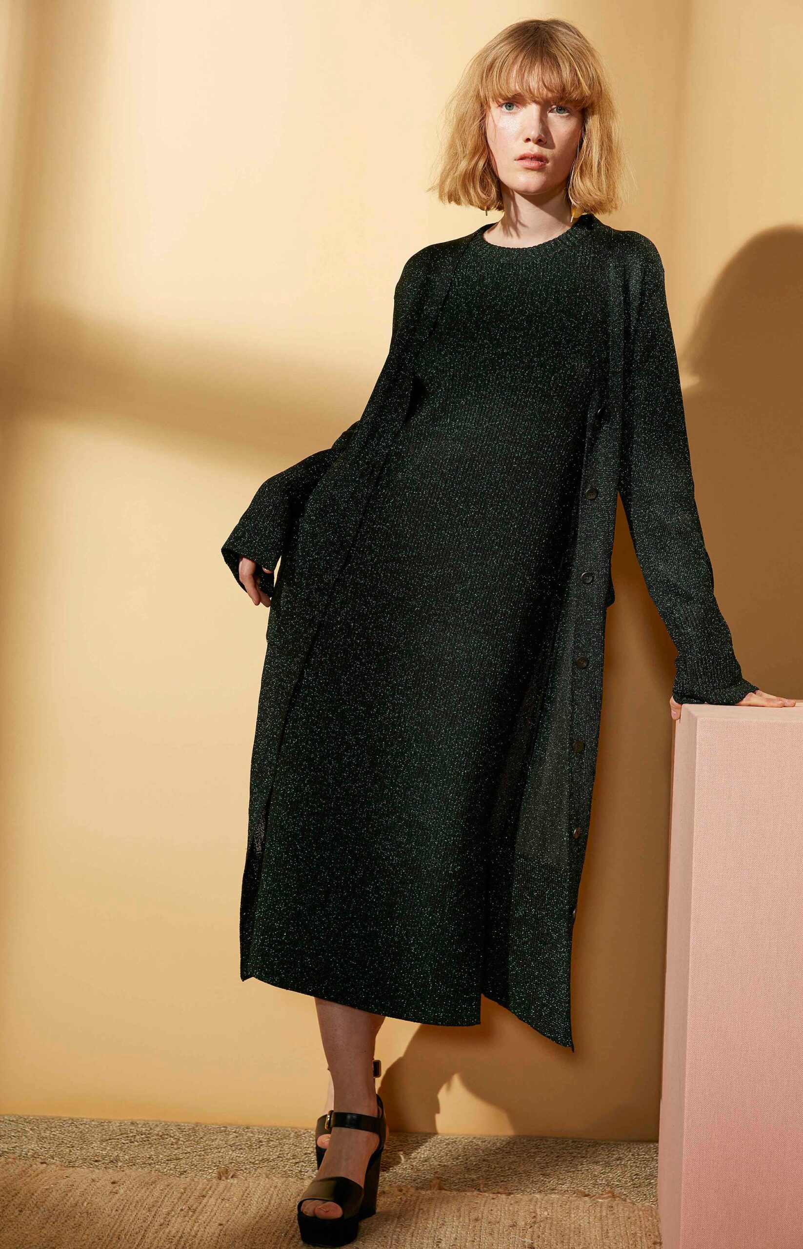 green knit long-sleeve collared relaxed buttoned tiered dress