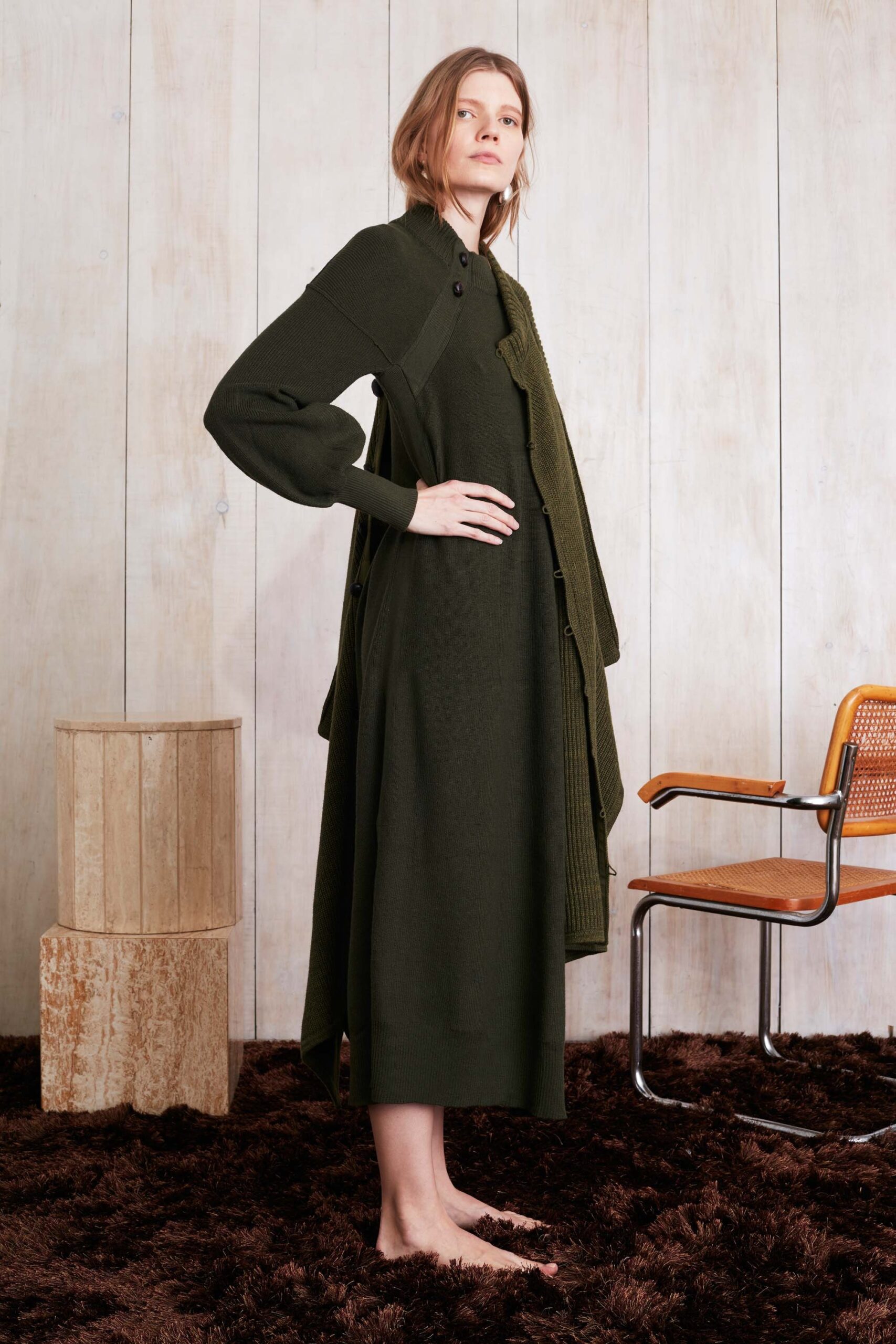 green relaxed wool midi dress