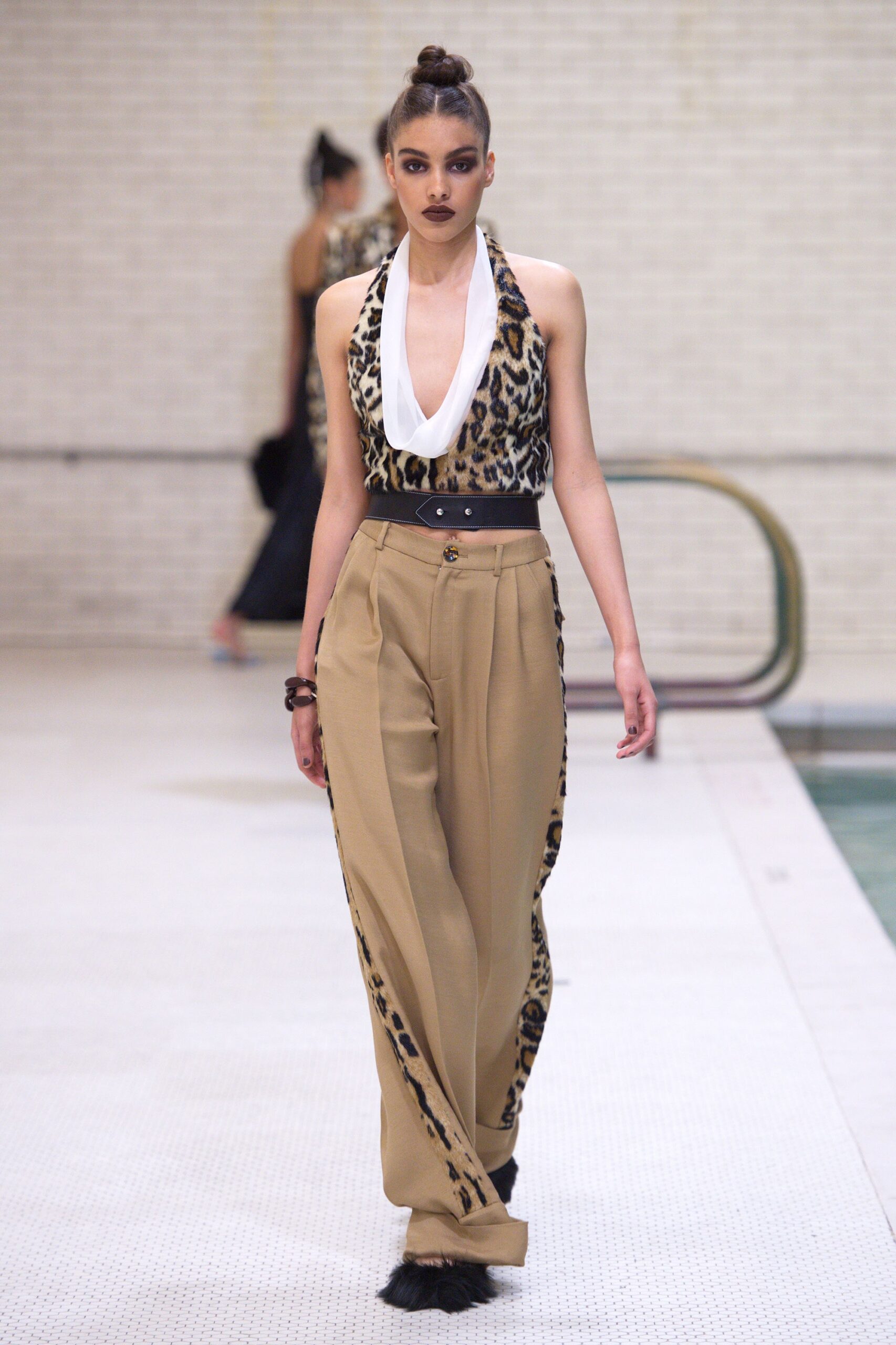 animal-print silk top and tailored pants