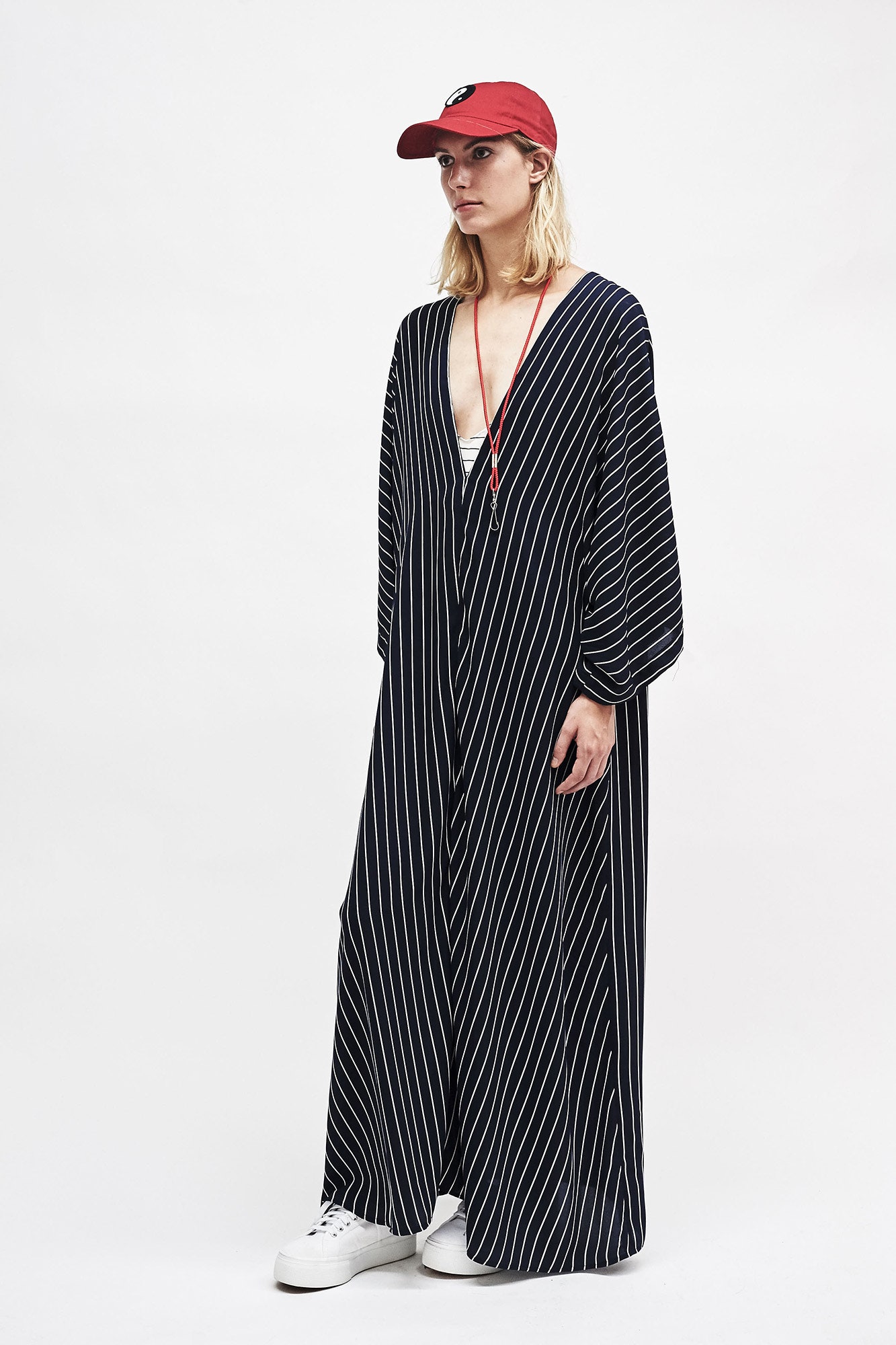 striped maxi dress with red hat