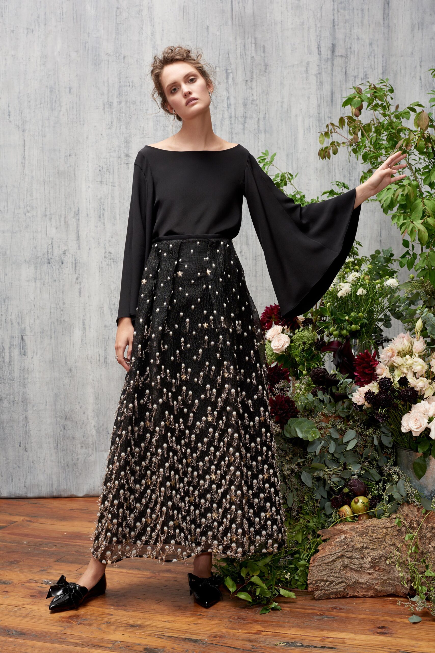 black silk fitted tiered shiny maxi skirt