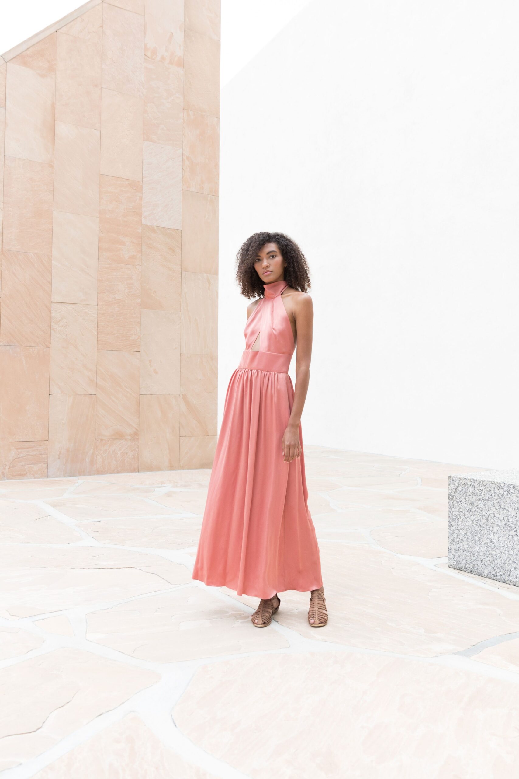 pink silk sleeveless halter dress