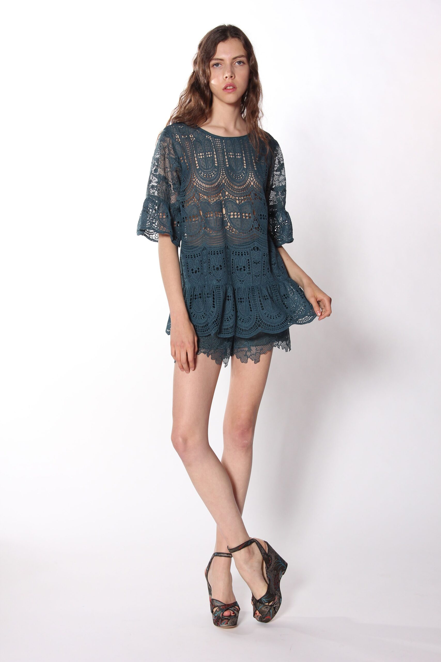 blue lace short-sleeve scoop-neck relaxed embroidered top