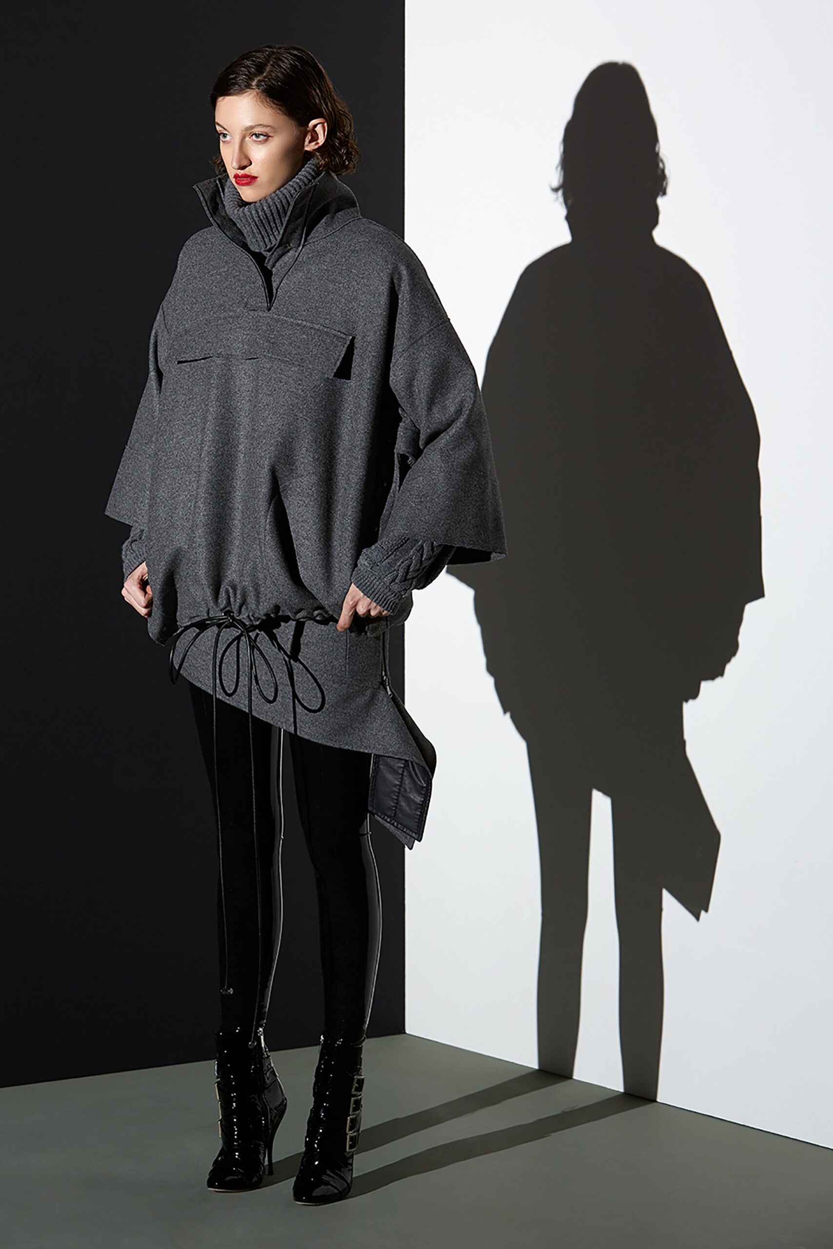 gray wool long-sleeve high-neck oversized draped zippered top