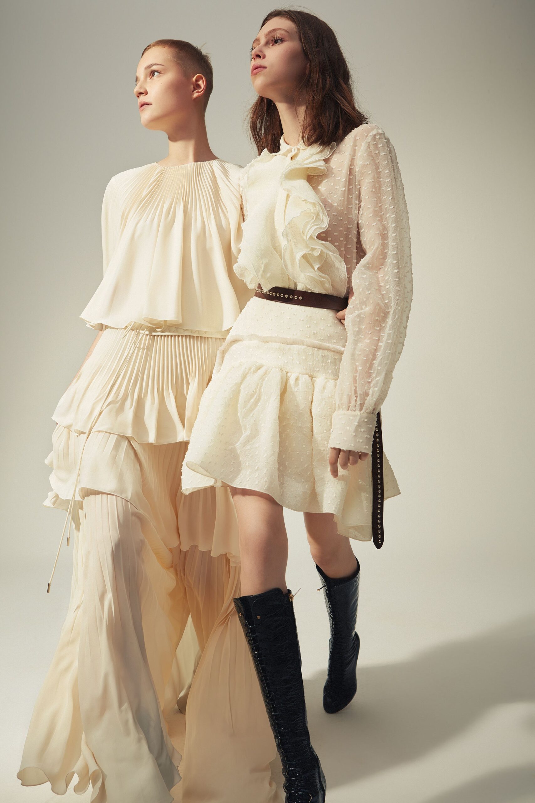 ivory silk ruffled dress and mini skirt